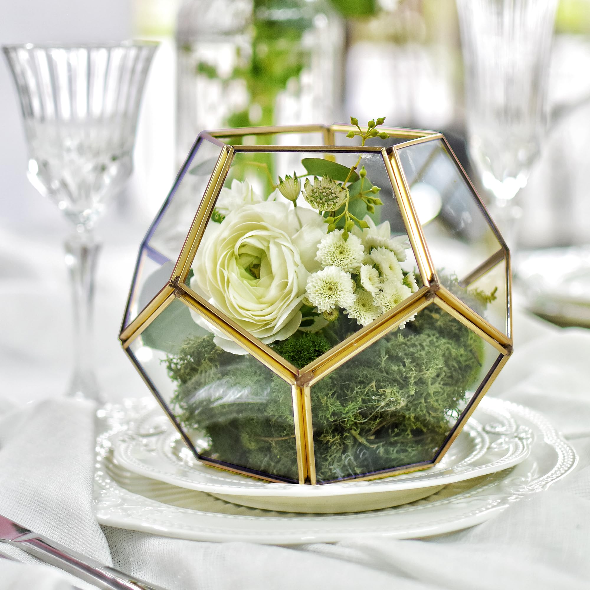 NCYP Terrarium en Forme de dodécaèdre et plaques de Verre pentagonales pour Plante Transparent Gold Copper Transparent (Pas de Plantes)