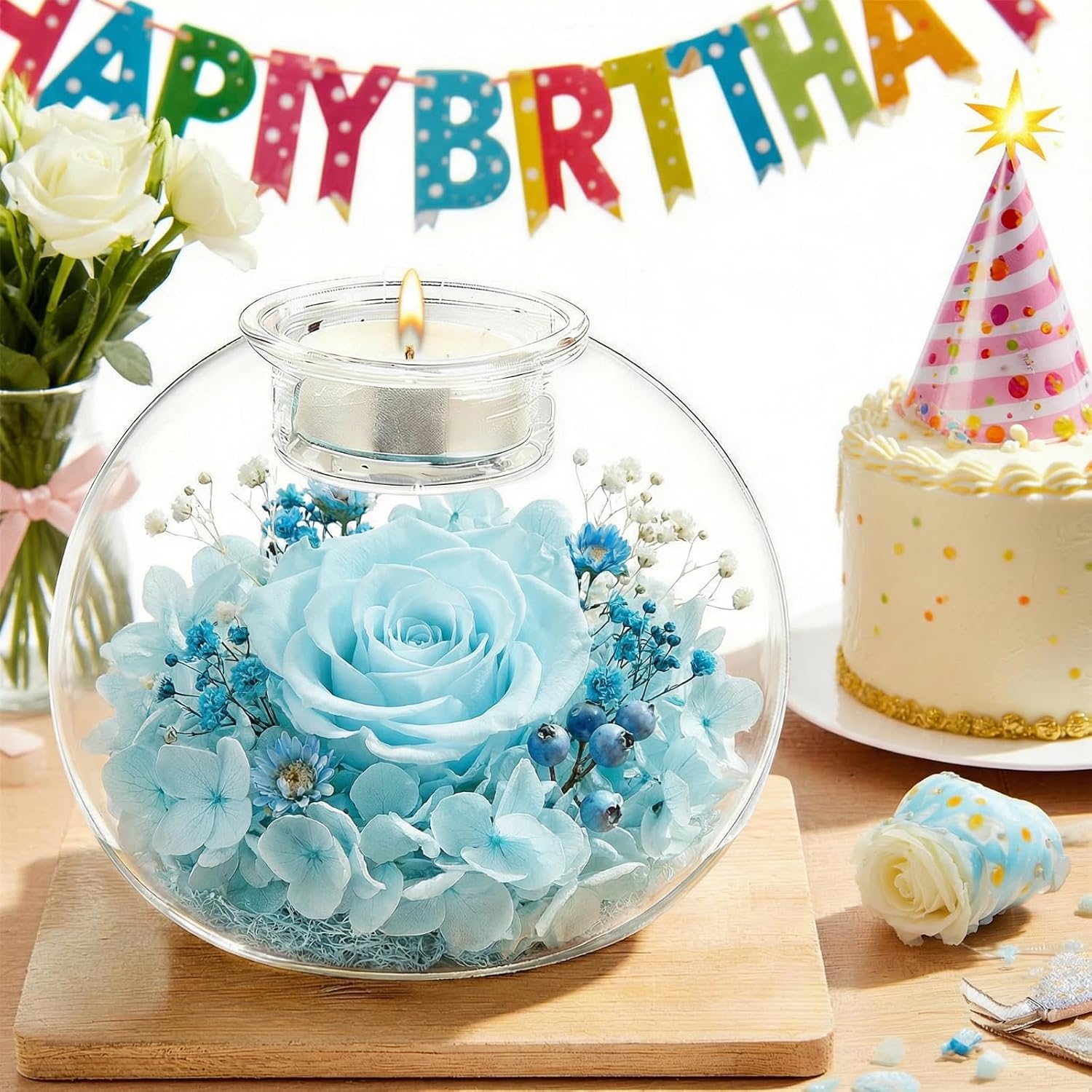 Preserved Rose in Glass Dome with 18 Scented Candles Gift Set for Women