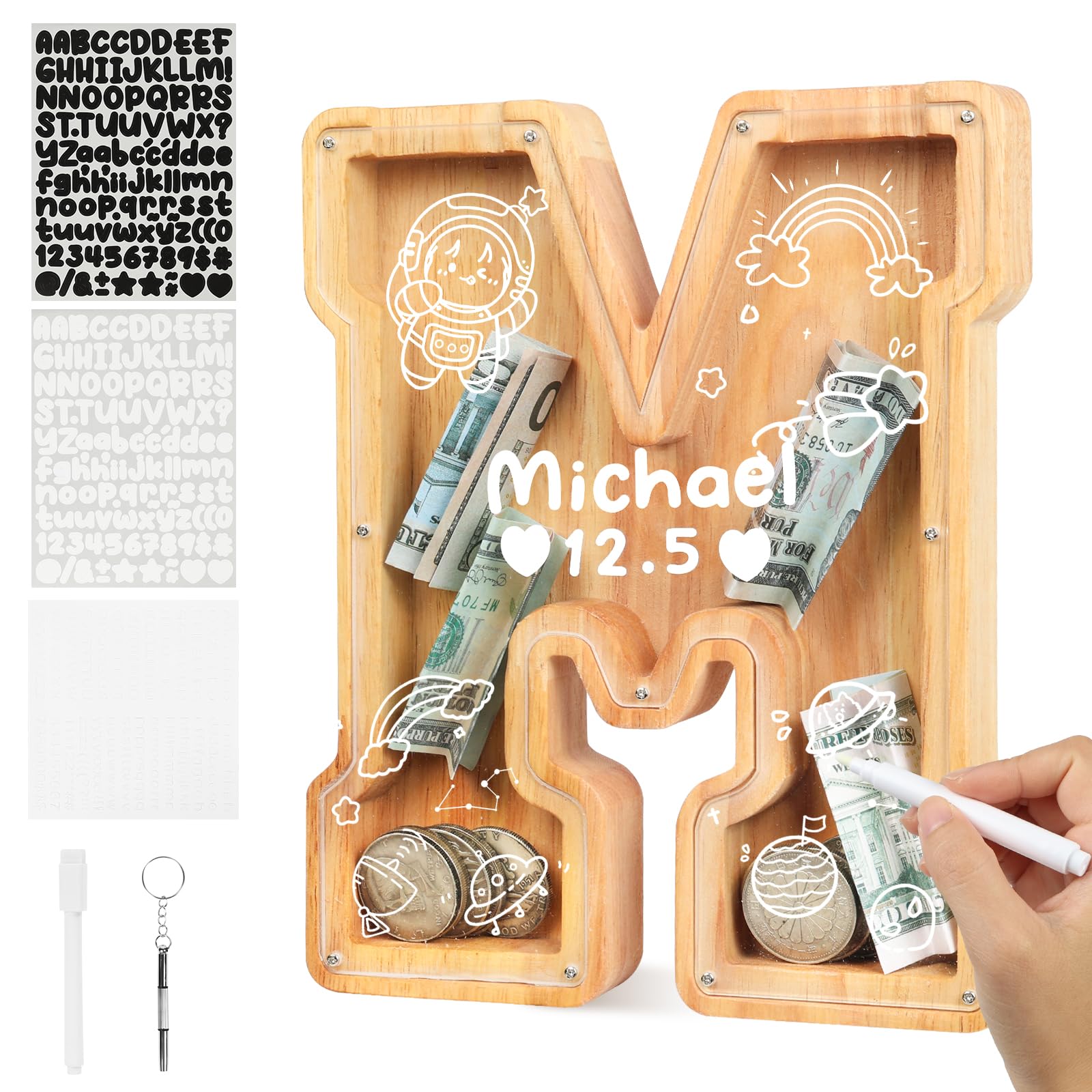 flintronic Wooden Money Box for Kids, Personalised Letter Money Box, Clear Alphabet Money Bank Coin Bank for Boys Girls Toddler, for Birthday, Christmas (M)