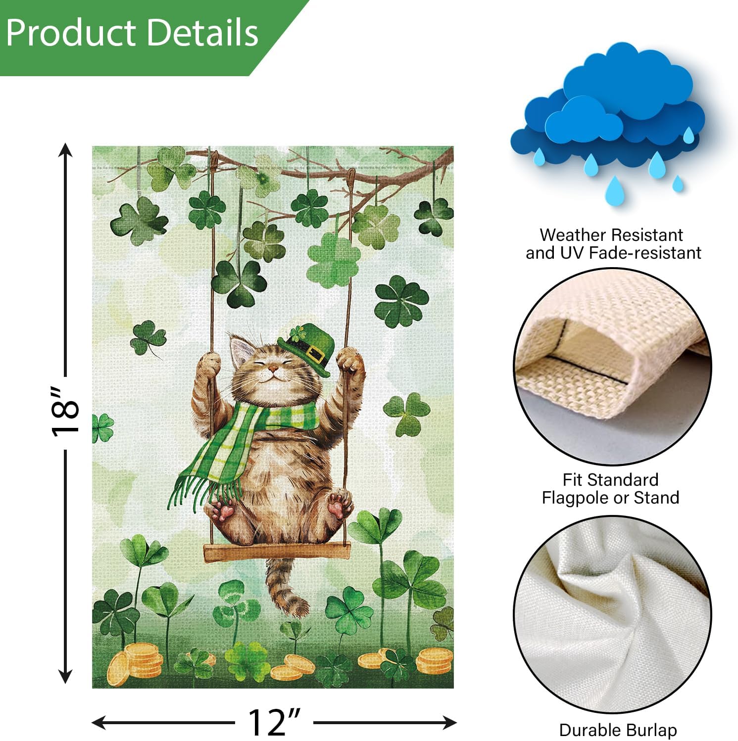Louise Maelys St Patricks Day Garden Flag Cat Shamrock Double Sided 12x18 Inch Welcome Small Burlap Saint Spring Holiday Yard Outdoor Outside Home Decor - Image 4