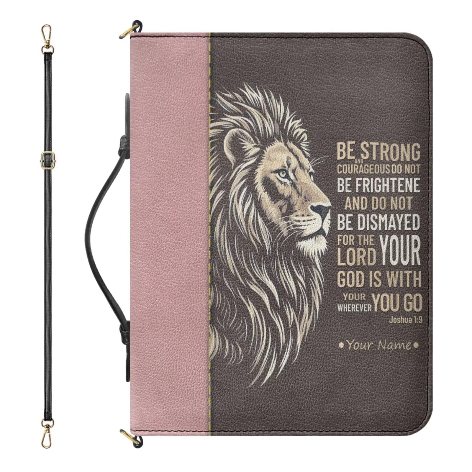 Drnuikhe Custom Bible Cover Case with Name, Personalized Bible Bag with Strap and Handle, Lion Print Joshua 1:9 Bible Organizer with Inner Pockets and Pen Loop, Bible Study Supplies, Large