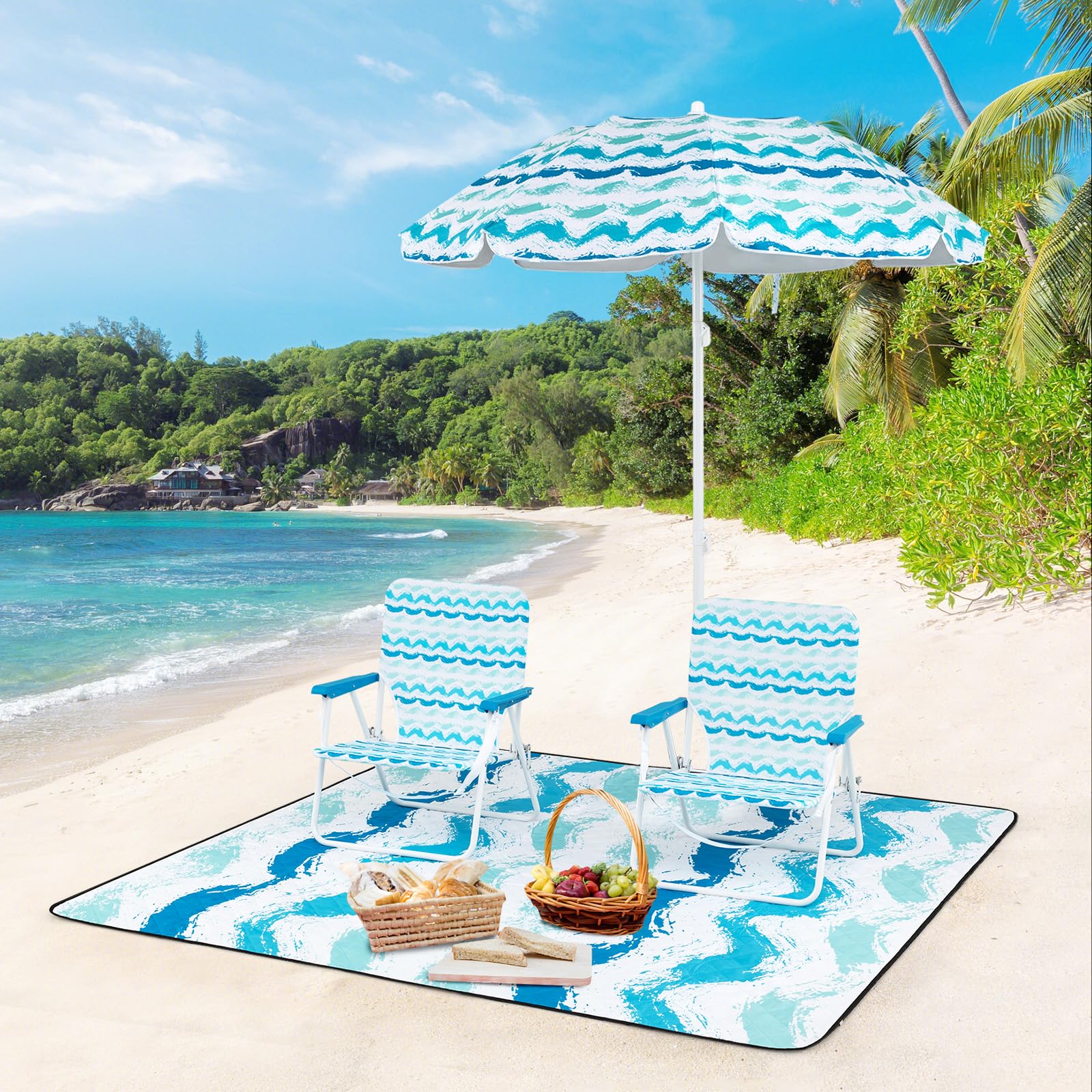 COSTWAY Strandstühle mit Schirm und Stranddecke, Sonnenschirm mit Tragetasche, beidseitig um 30° knickbar, 2 Klappstühle mit Rückentasche, Picknickdecke