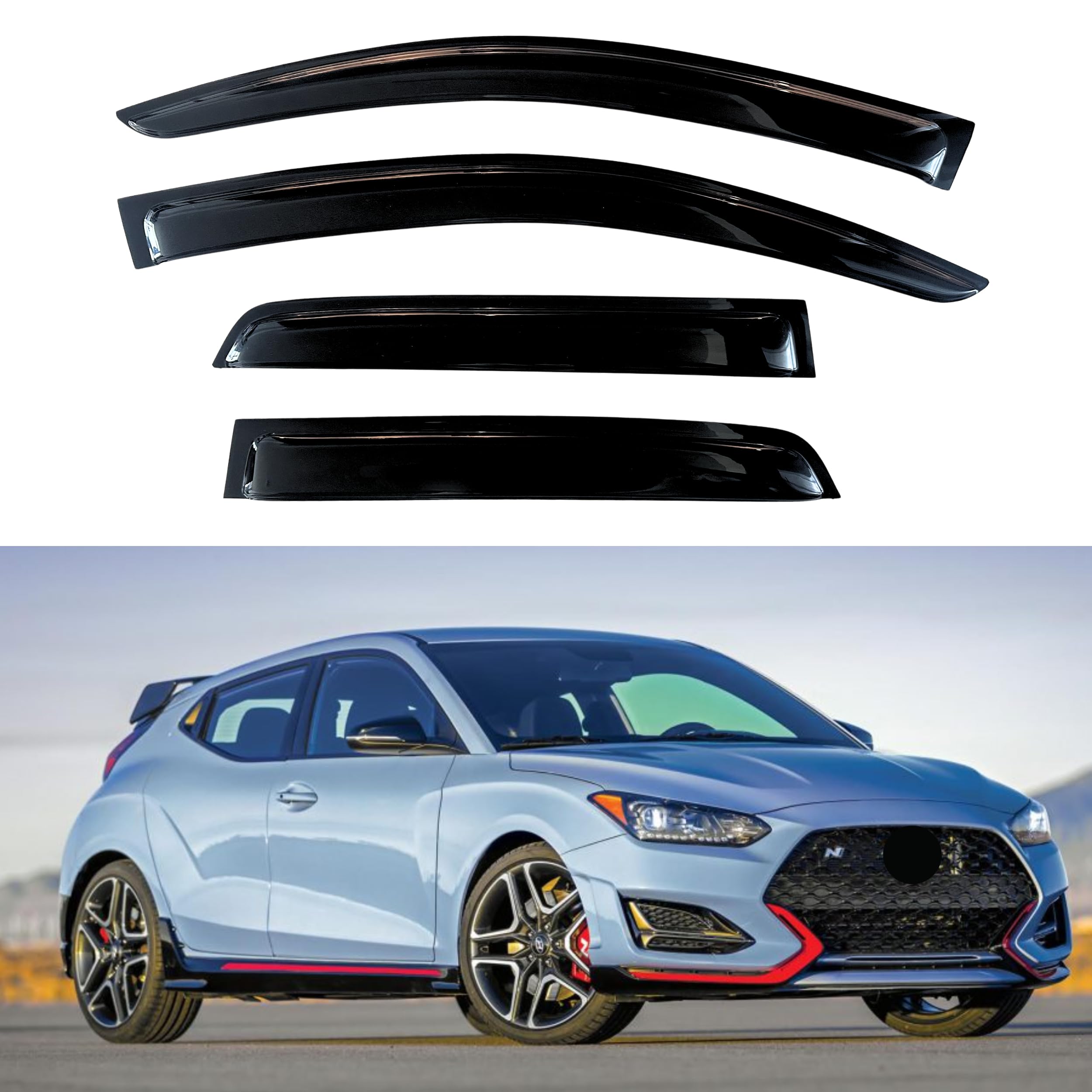 KPY Window Visor Compatible with Hyundai Veloster N 2019-2022, 4PC Rain Guard Side Window Vent Deflectors Tape-On Style, 2019 2020 2021 2022