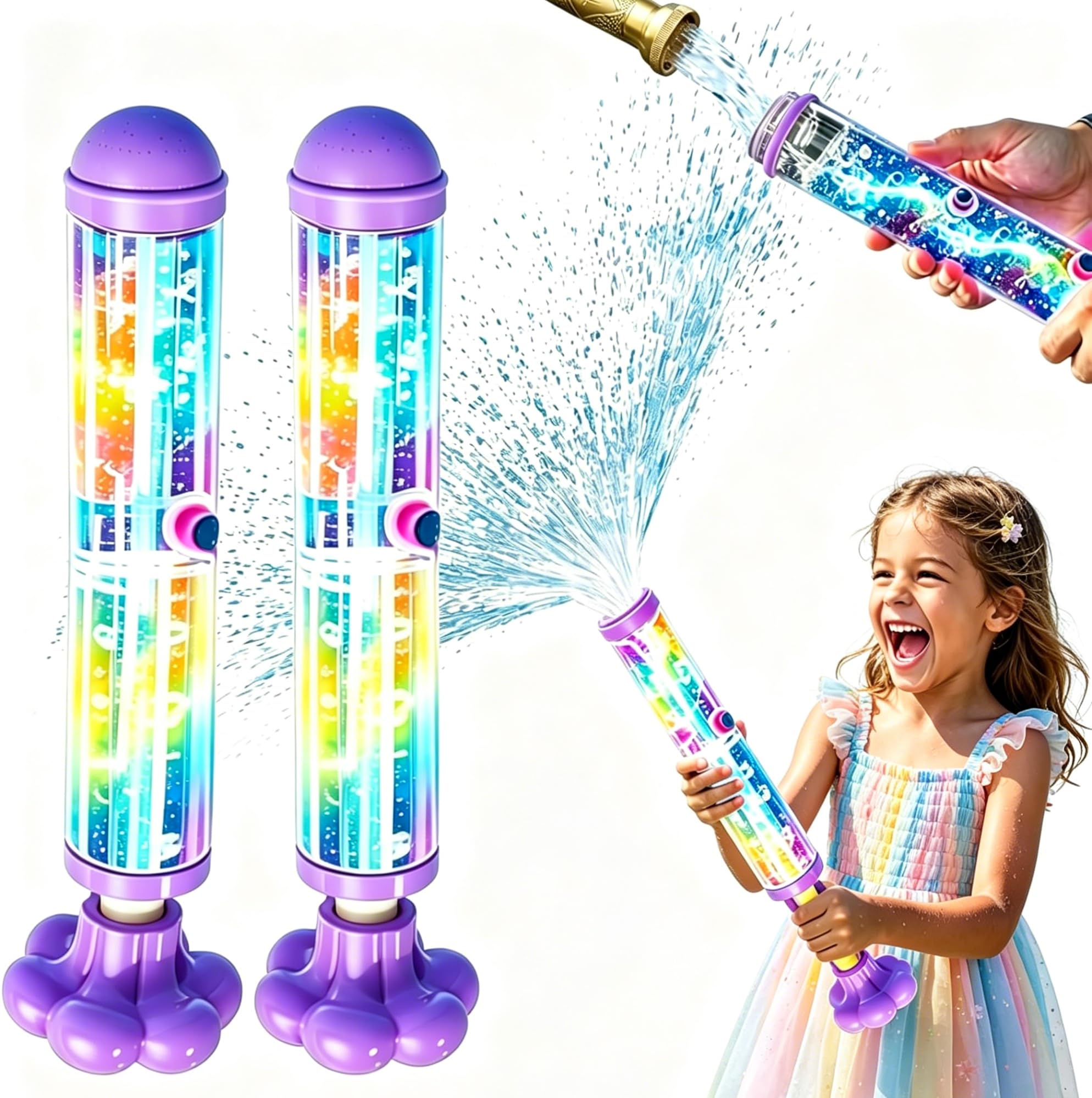Glowing Rainbow LED Water Blaster, Light‑Up Firework Water Gun, Pull Push Firework Waters Spray, Creative Outdoor Summer Toy for Pool Parties and Outdoor Activities