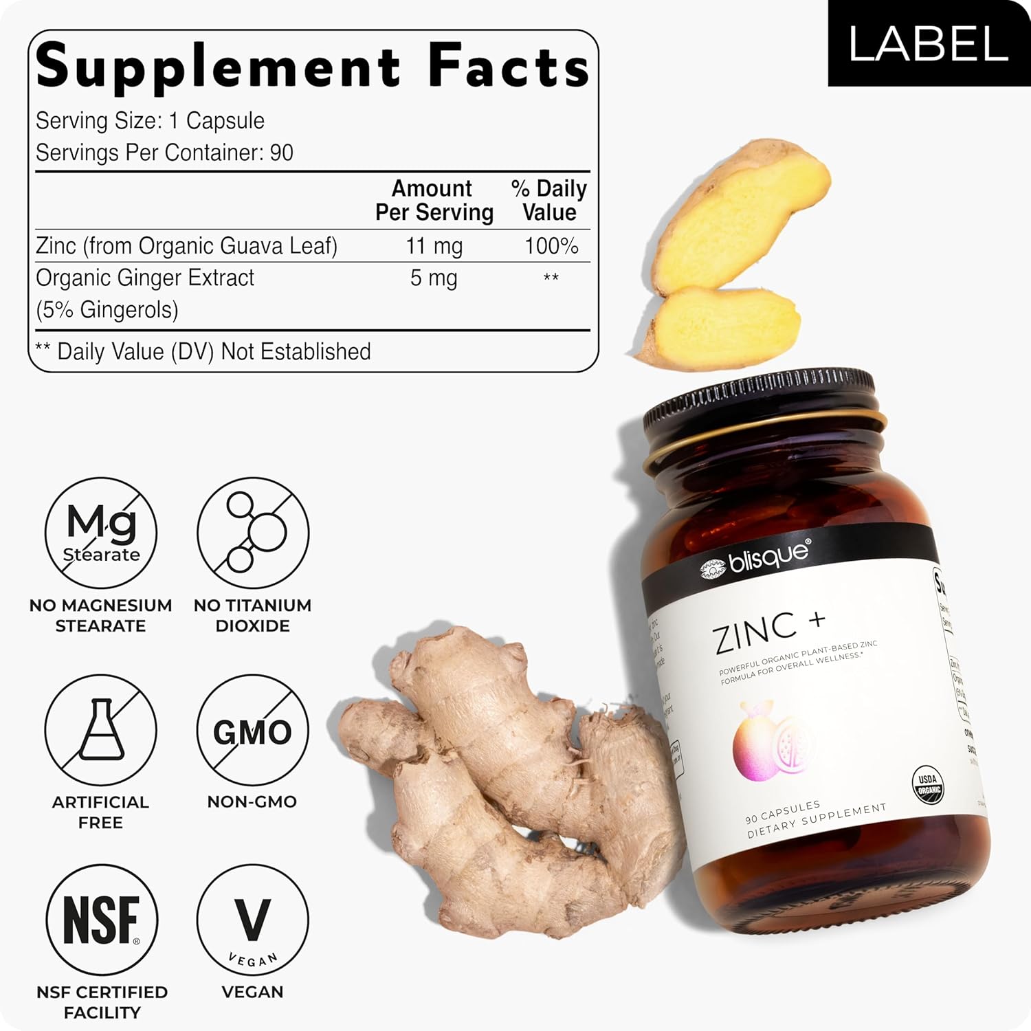 Blisque – Organic Zinc Supplement Sourced from Guava Leaves | for Immune Support, Defense and Boost | with Ginger Extract | 90 Capsules