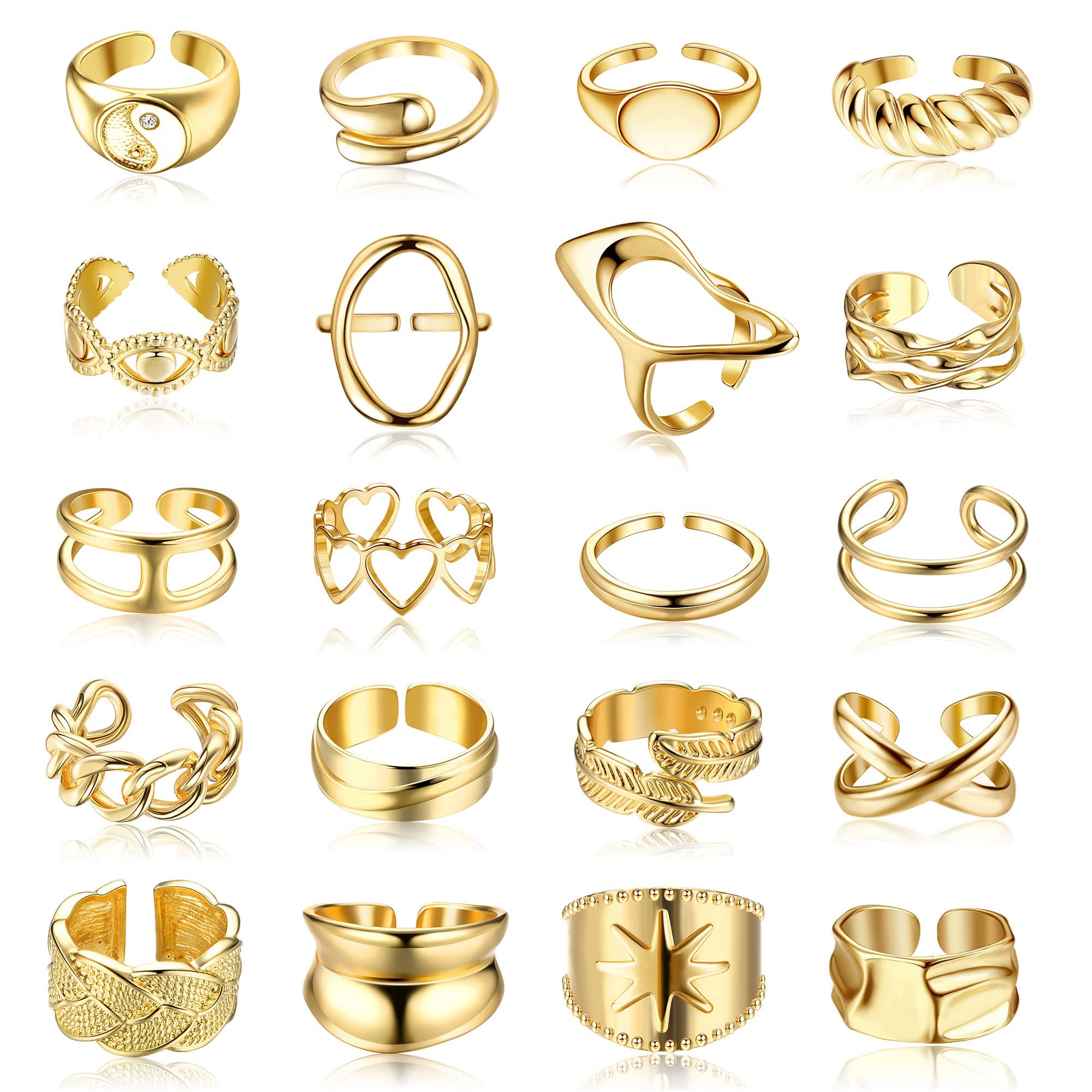 JeryWe20Pcs Gold Chunky Rings for Women Girls Stackable 18K Gold Plated Knuckle Ring Set Dome Thick Open Finger Rings Adjustable Twisted Feather Midi Thumb Ring