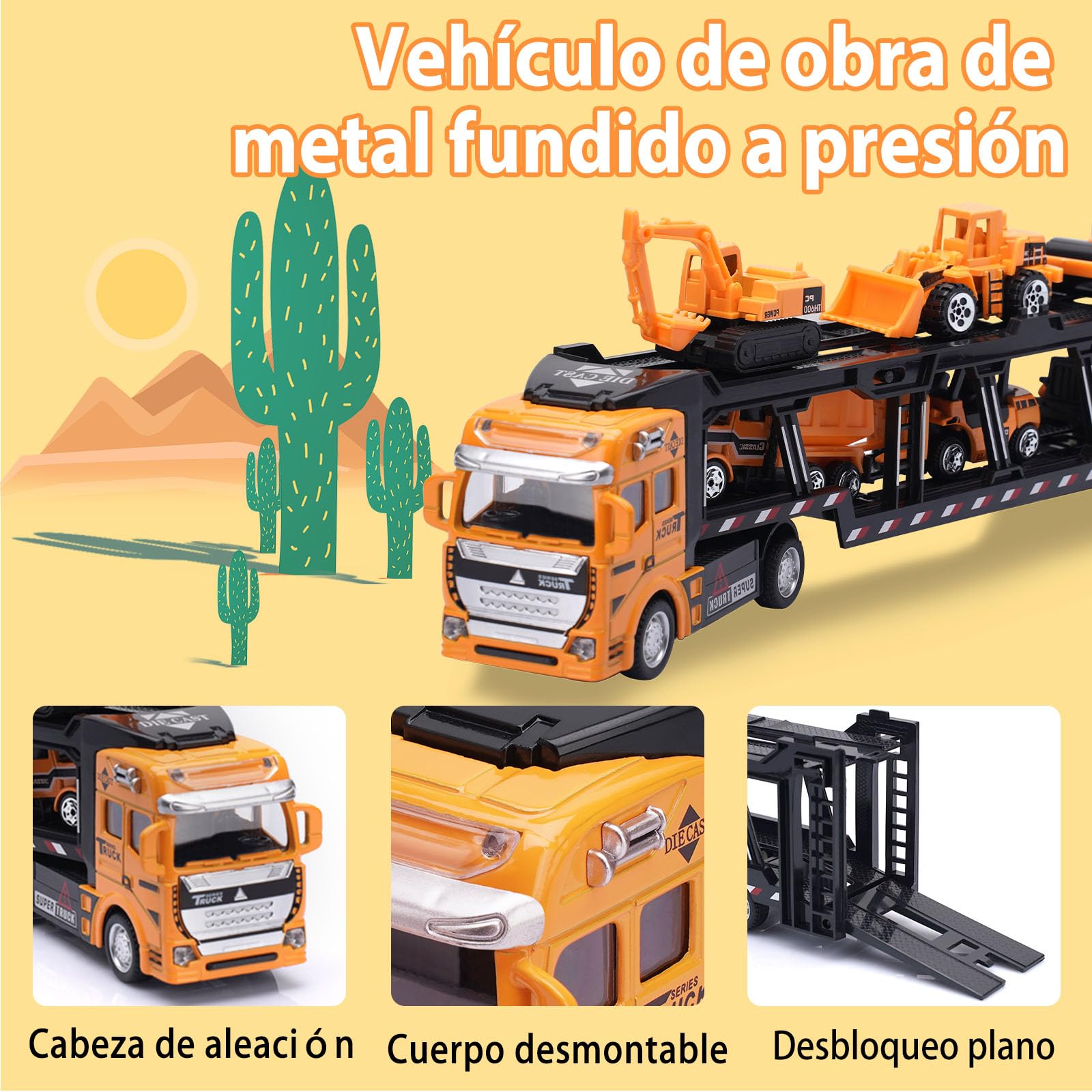 VBACALA Camión de Juguete Coche Transportador de Juguete 7PCS, Mini Sitio de Construcción de Vehículos, Diecast Metal & Pull Back Coche de Juguete para Excavadora de 3 Años Niño Niña