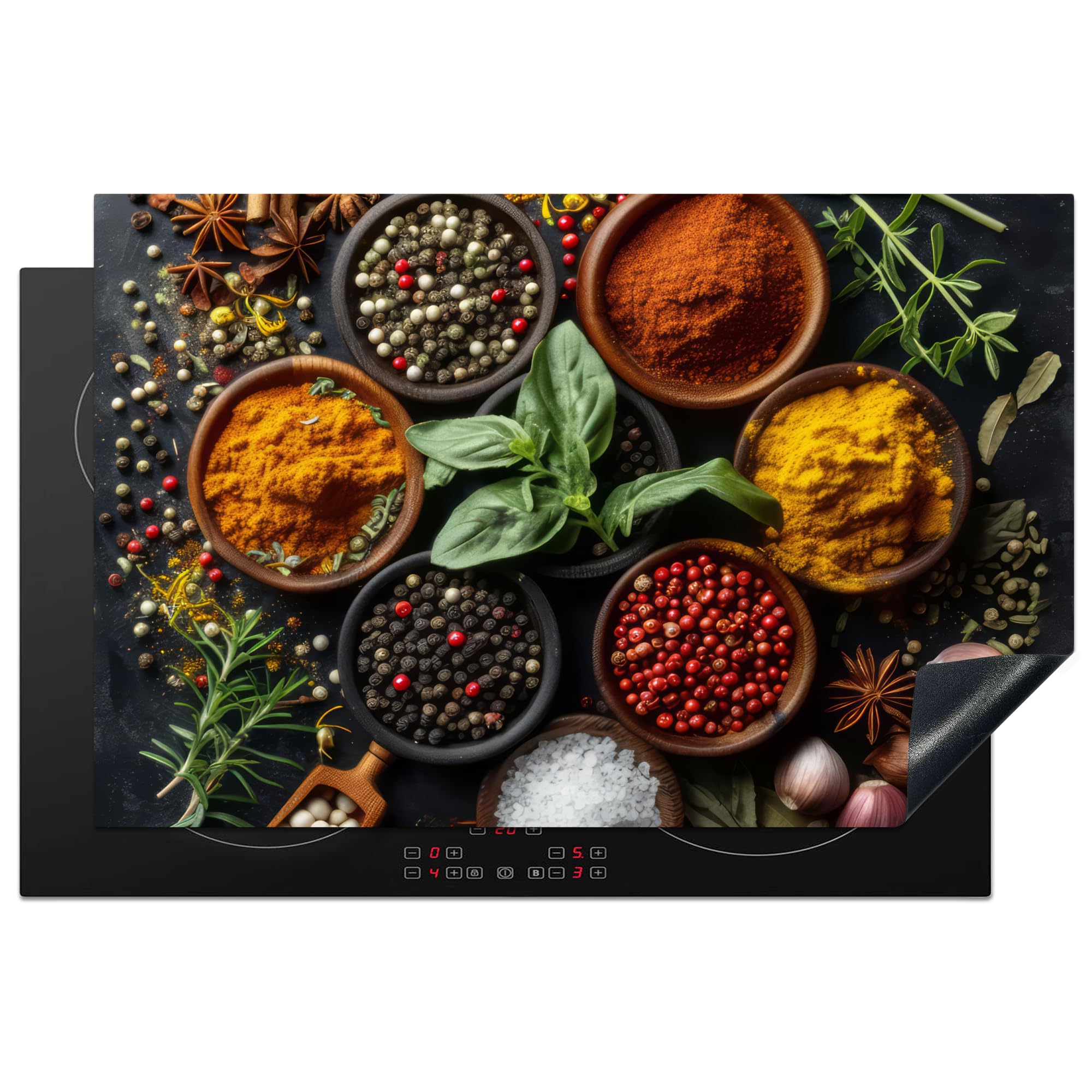 KitchenYeah© Herdabdeckplatte Einteilig Induktionsmatte Küche Abdeckung Ceranfeld Herd Abdeckplatte Deko Vinyl Matte Aufrollbar Kräuter - Küche - Paprika - Kochen - 80x52 cm