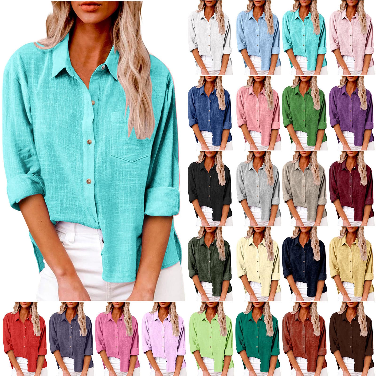 LRMQSLinen Shirts for Women Summer Long Sleeve Lapel Button Down Blouse Lightweight Gauze Loose Casual Fashion Shirt Clothes