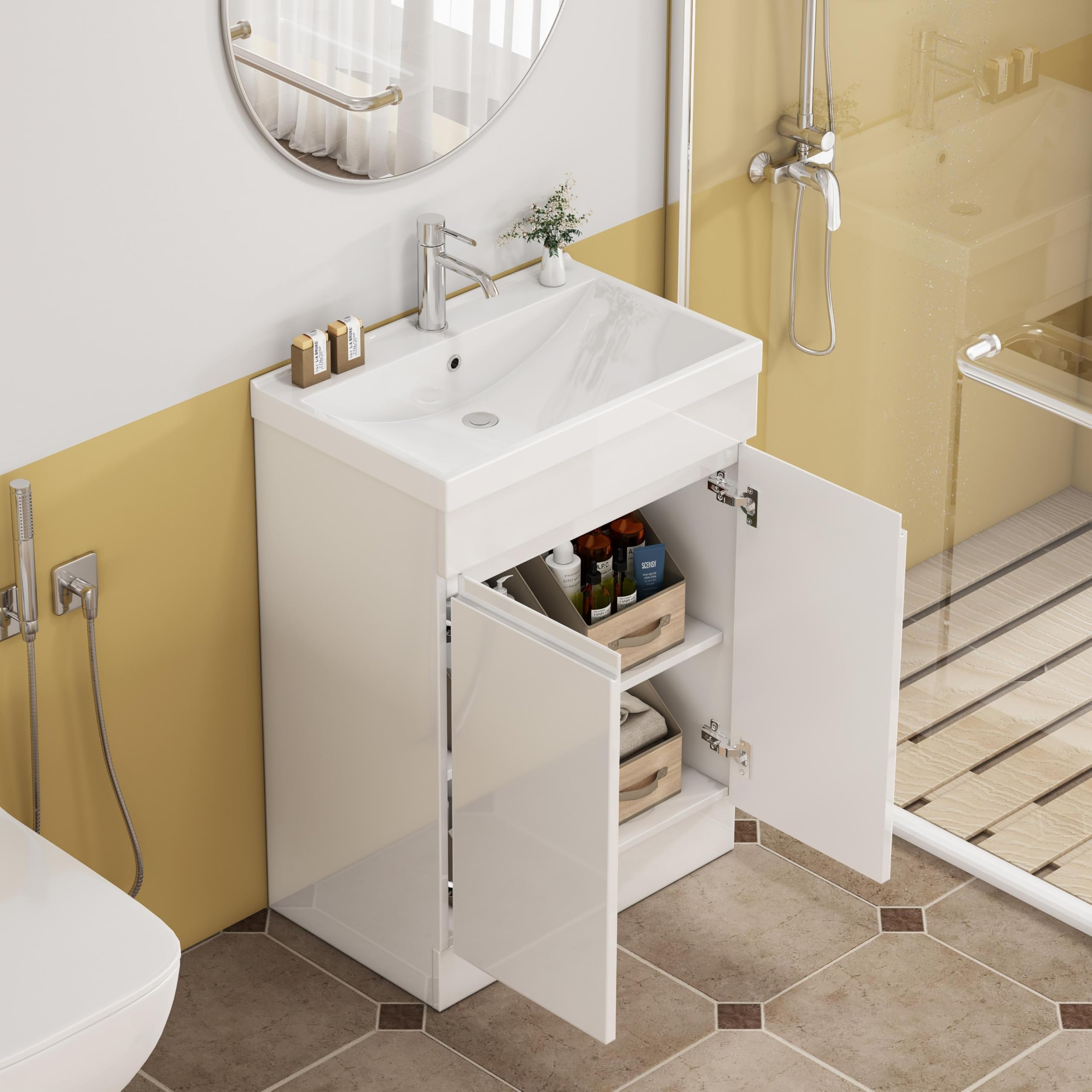 24" Glossy White Bathroom Vanity with Sink Combo, Thick-Edged Ceramic Basin, Handle-Free Cabinet, Soft Close Doors, Shelf Storage, Easy Install