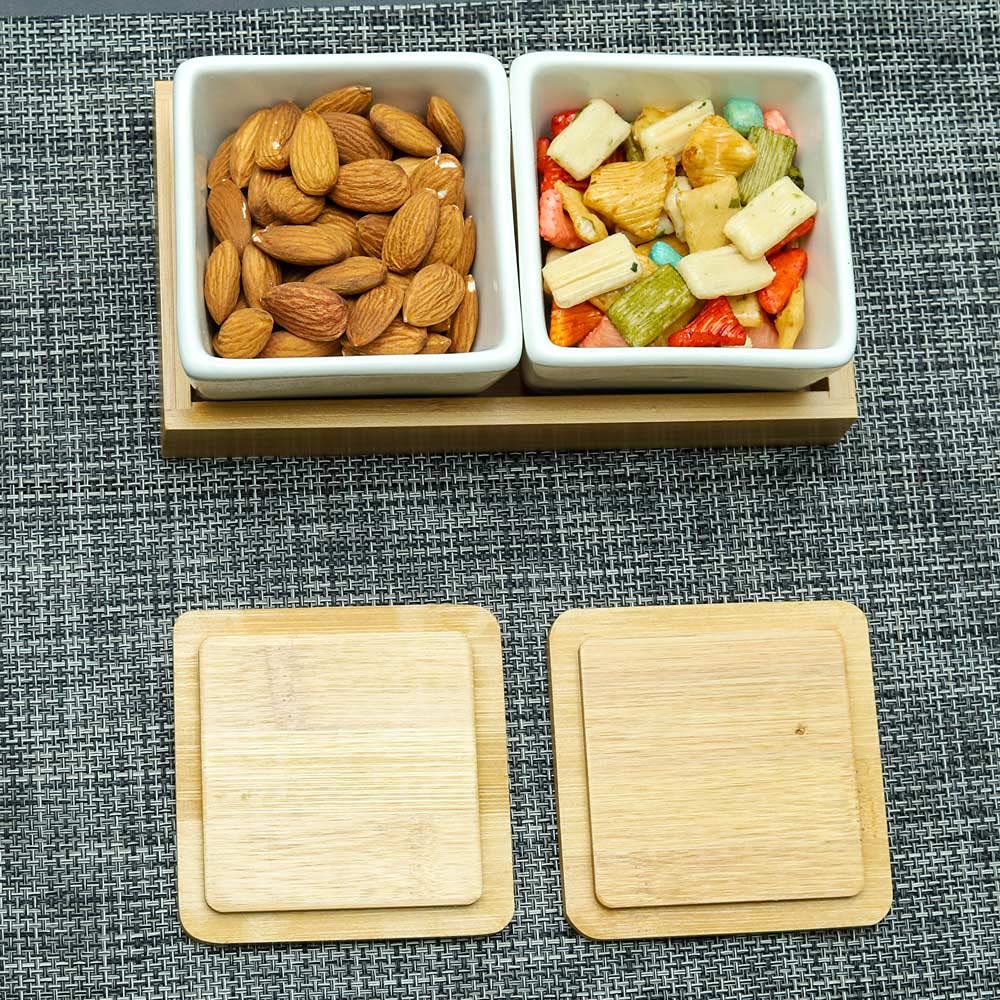 YATAI Set of 2 Ceramic Serving Dish With Bamboo Tray - Kitchen Ceramics Snack Serving Tray With Lid - Lazy Susan With 2 Ceramic Bowls - Serving Platter With Lid For Soy Sauce Dish Condiments Jar
