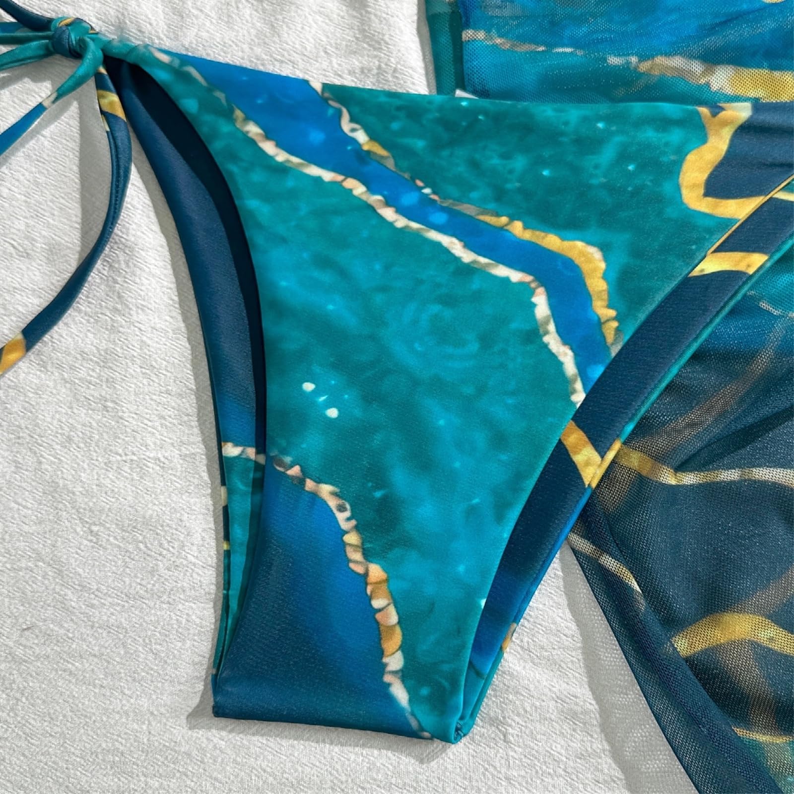 Bikini Donna Blu Marmo Stampa 3 Pezzi Set Triangolo Costume da Bagno con Gonna-Blue-s