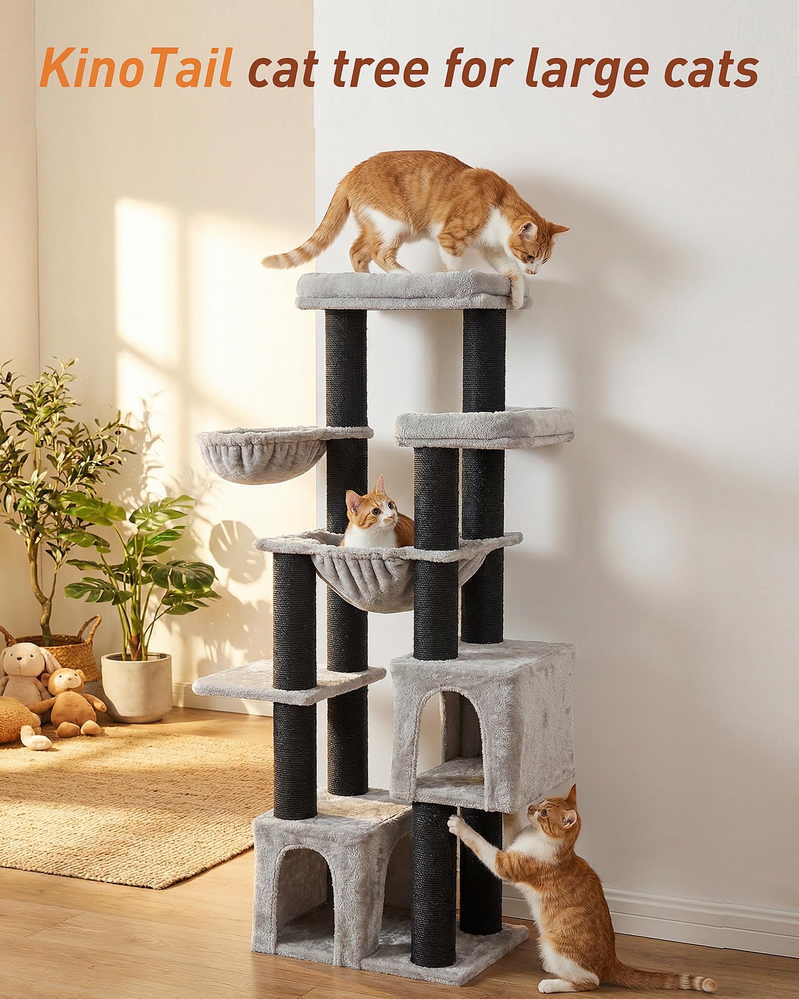 Rascador Grande, 164 cm, para Gatos Grandes, Estable con Troncos de 11 cm, 2 hamacas, 2 Plataformas de Peluche, 2 Cuevas, árbol para Gatos Grandes como Maine Coon