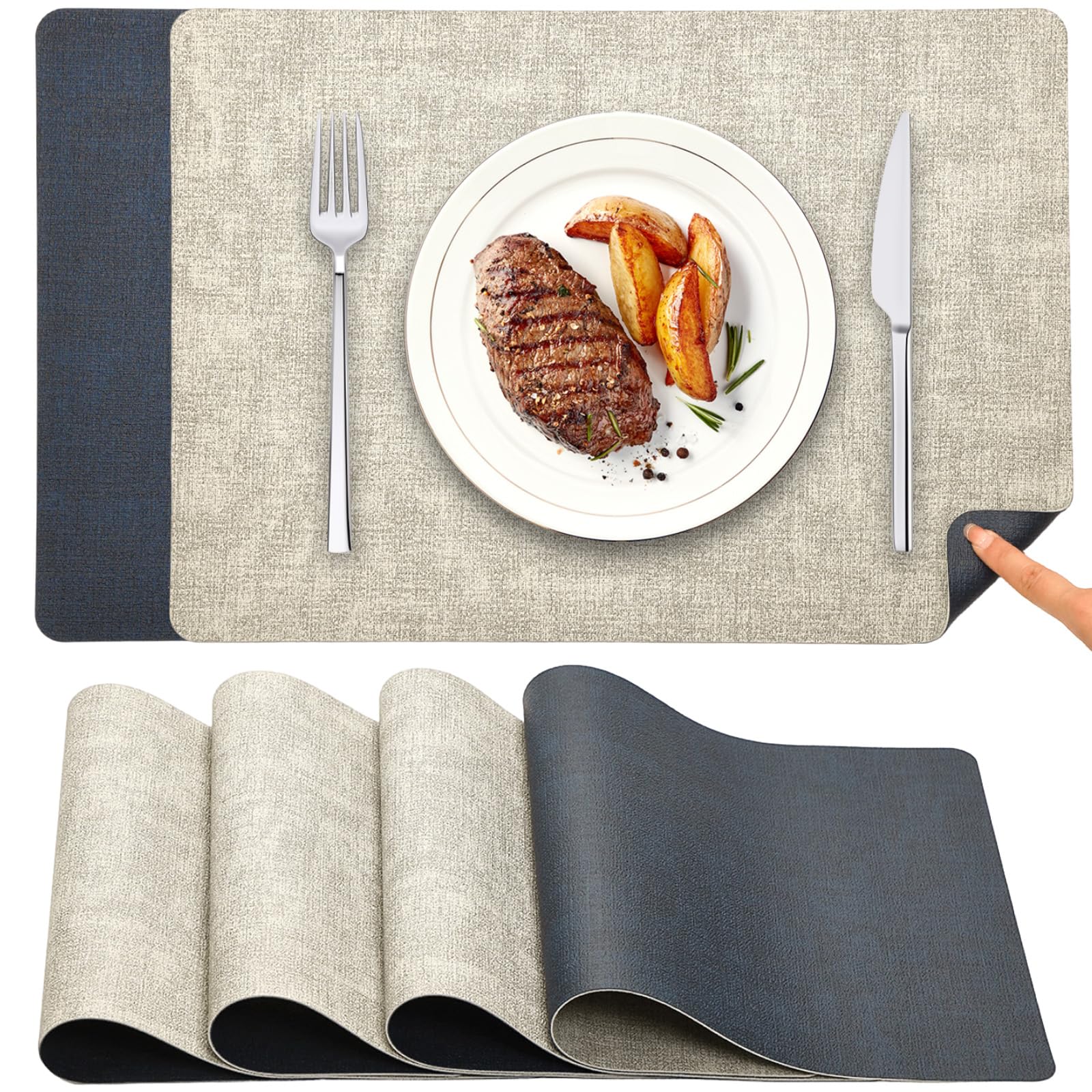 Myir JUN Tischsets Abwaschbar und Untersetzer 4er Set, Platzsets Abwaschbar Doppelseitig Bedruckt Kunstleder Schmutzabweisend & rutschfest, Platzdeckchen Abwischbar Lederoptik für Küche & Esszimmer