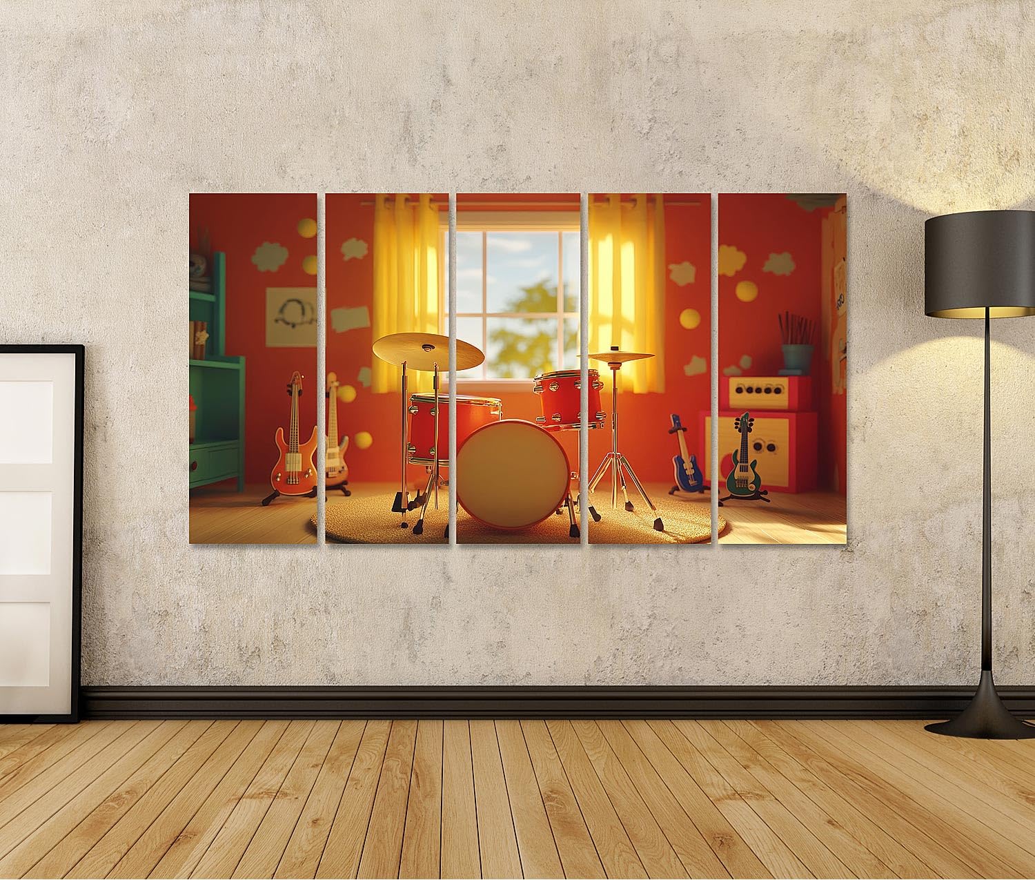 islandburner Quadro su tela Sala musicale soleggiata con batteria e chitarre per sala musicale, amanti della musica, negozio di musica, immagini da parete poster