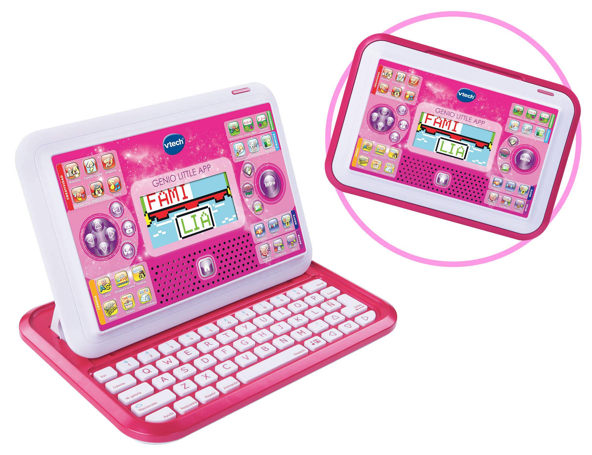 VTech - Portátil y Tablet 2 en 1 Genio Little App, Ordenador Infantil Educativo para niños +4 años, 80 Actividades Que enseñan Letras, inglés, matemáticas, Ciencias, Color Rosa, Versión ESP