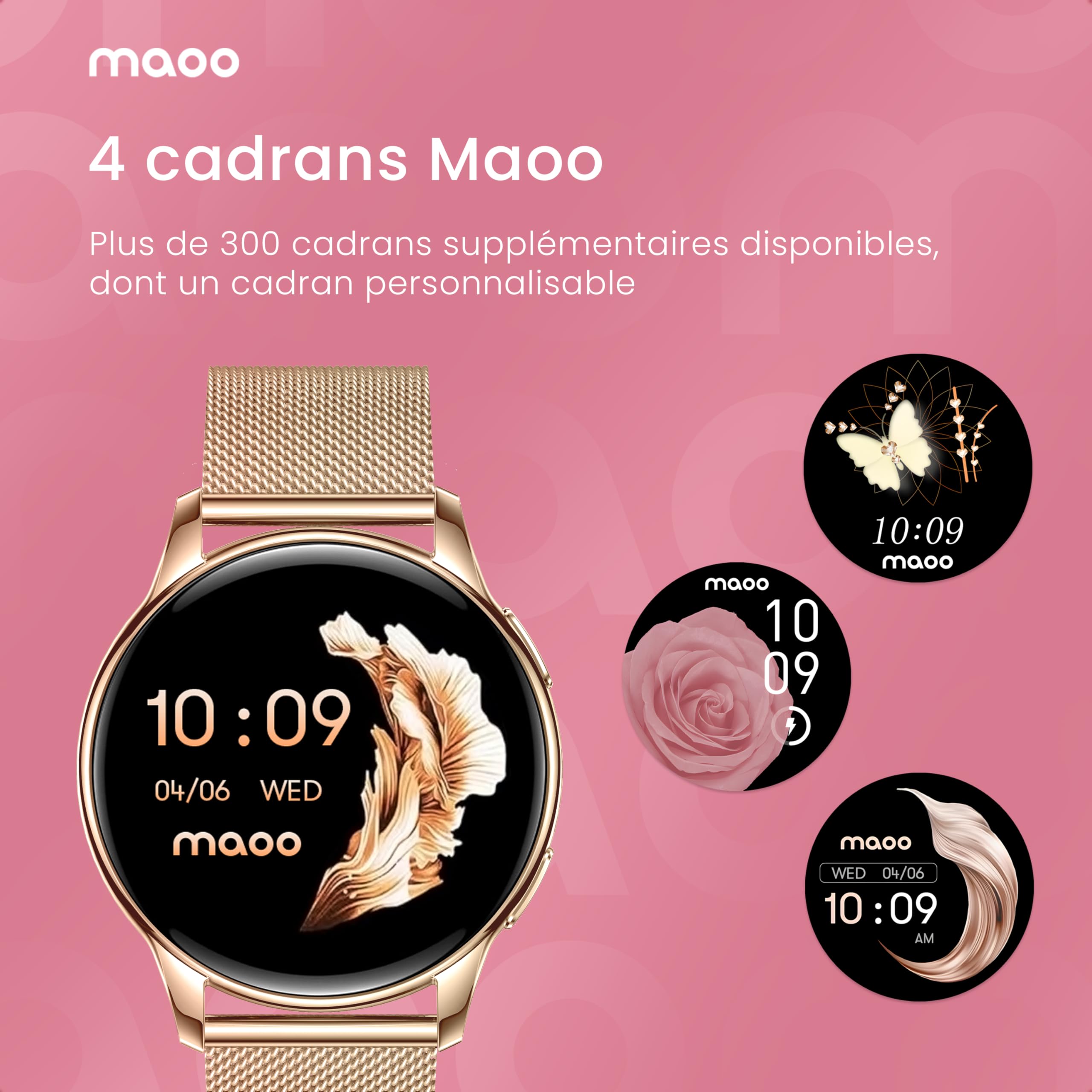maoo Montre connectée Ventura pour Femme avec Fonction d’Appel, écran AMOLED 1,32 Pouce, cardiofréquencemètre, SPO₂, tensiomètre, Plus de 100 Modes Sport, étanche IP67, 5 Bracelets Inclus (Or Rose)
