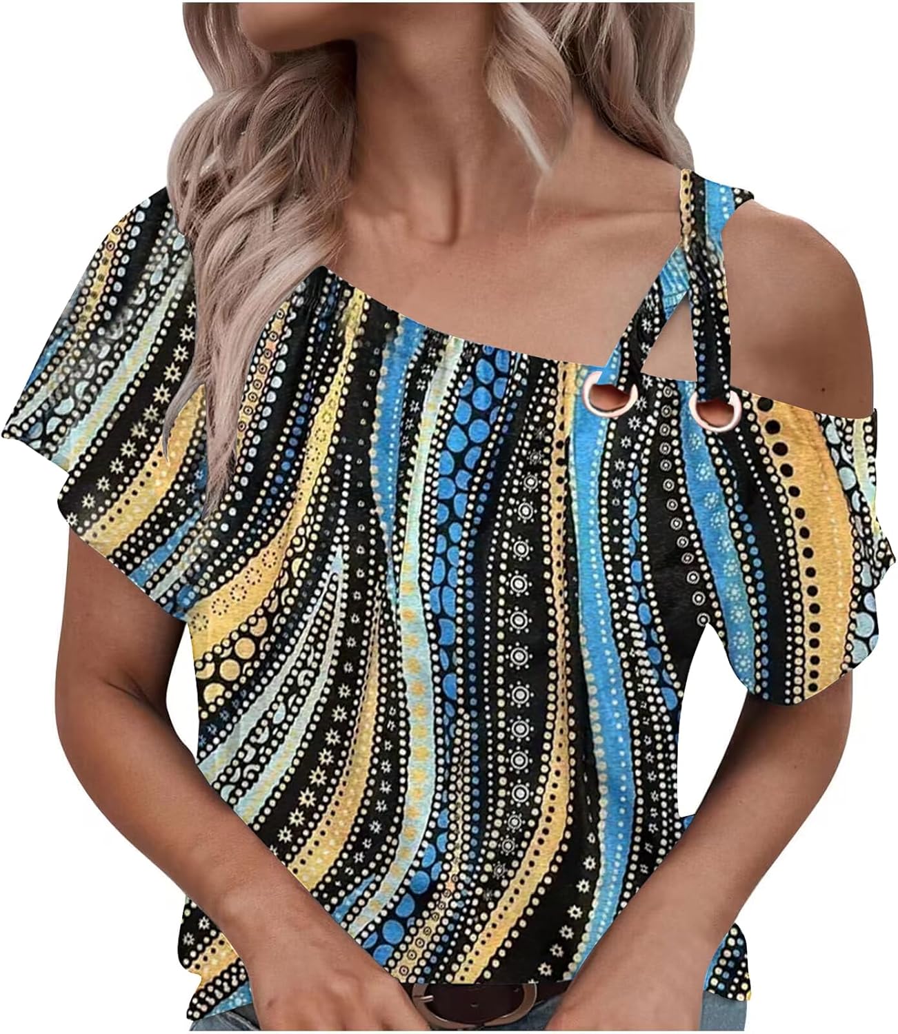 Womens Summer Trendy Cold Shoulder Short Sleeve T Shirts Criss Cross Casual Loose Tunic Shirts Tops Blouses - Image 4