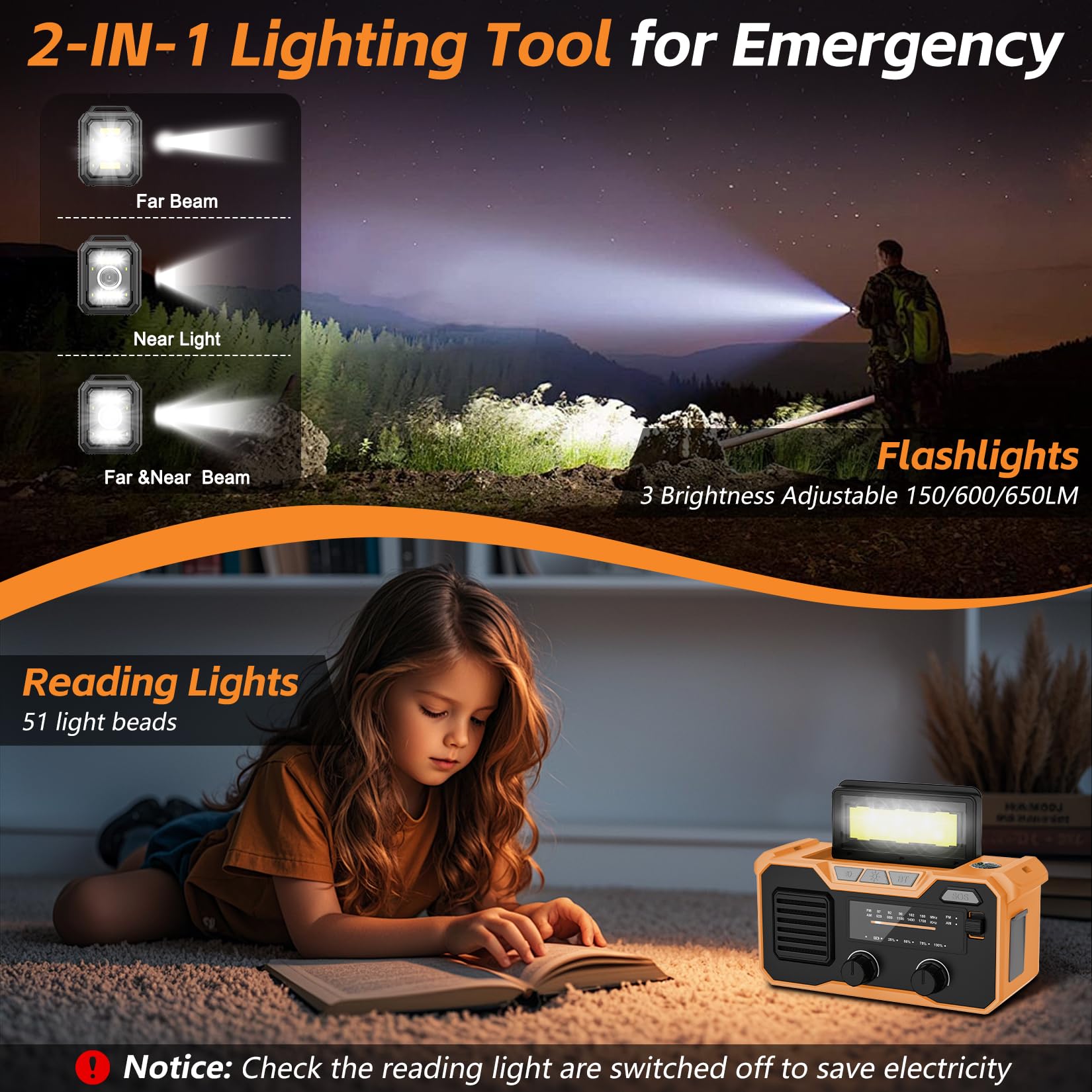 27000mAh Radio Emergencia, FM/Am Radios Solar y Recargable con Bluetooth 5.3/Alarma SOS/Brújula/Linterna, Radio De Dinamo para La Preparación Al Aire Libre para Desastres Naturales (Naranja)