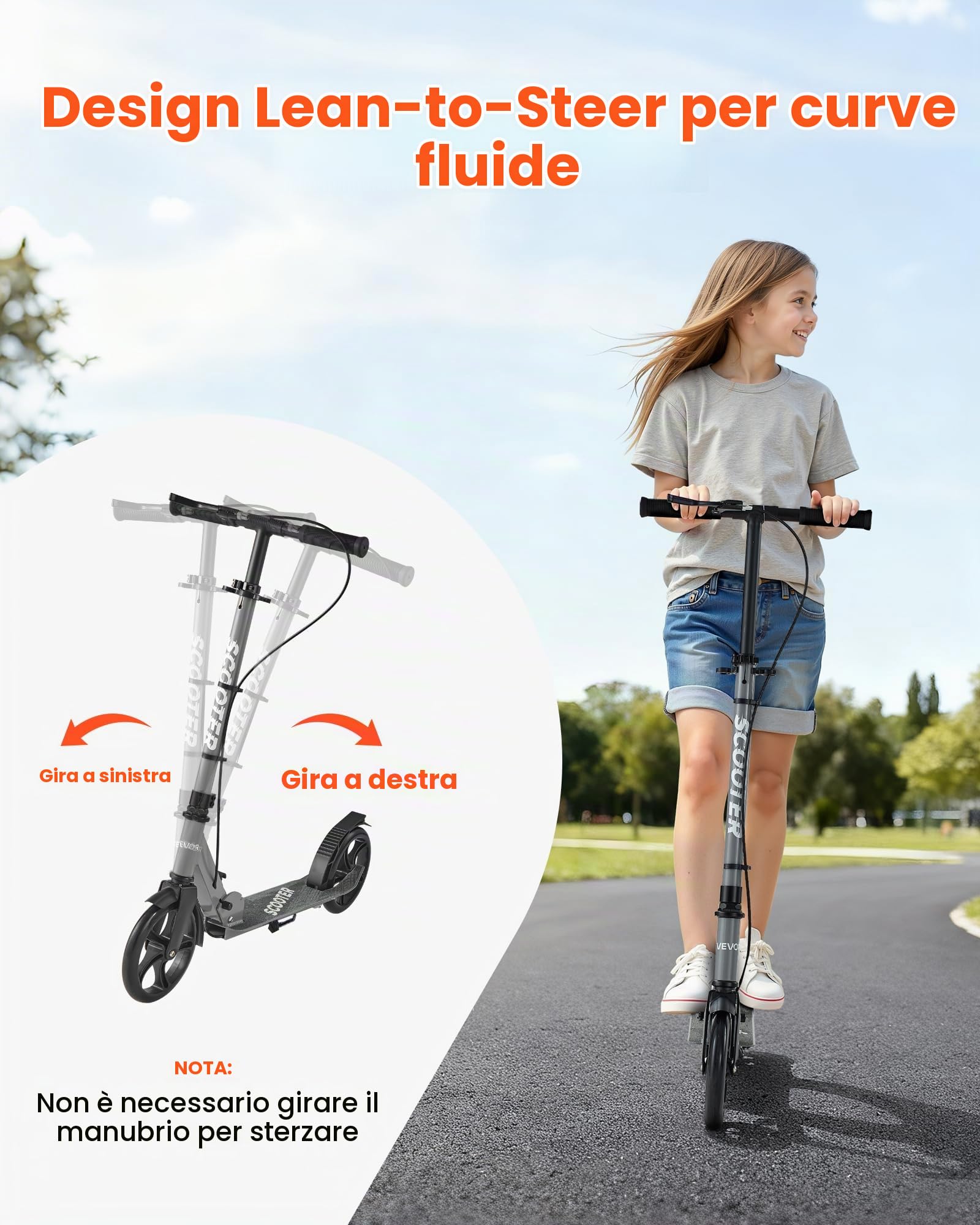 VEVOR Monopattino con 2 Ruote per Bambini da 8 Anni, Monopattino Pieghevole per Mobilità Urbana per Bambini Carico max. 100kg con Manubrio Regolabile in Altezza, Pedana Antiscivolo e Freno a Mano