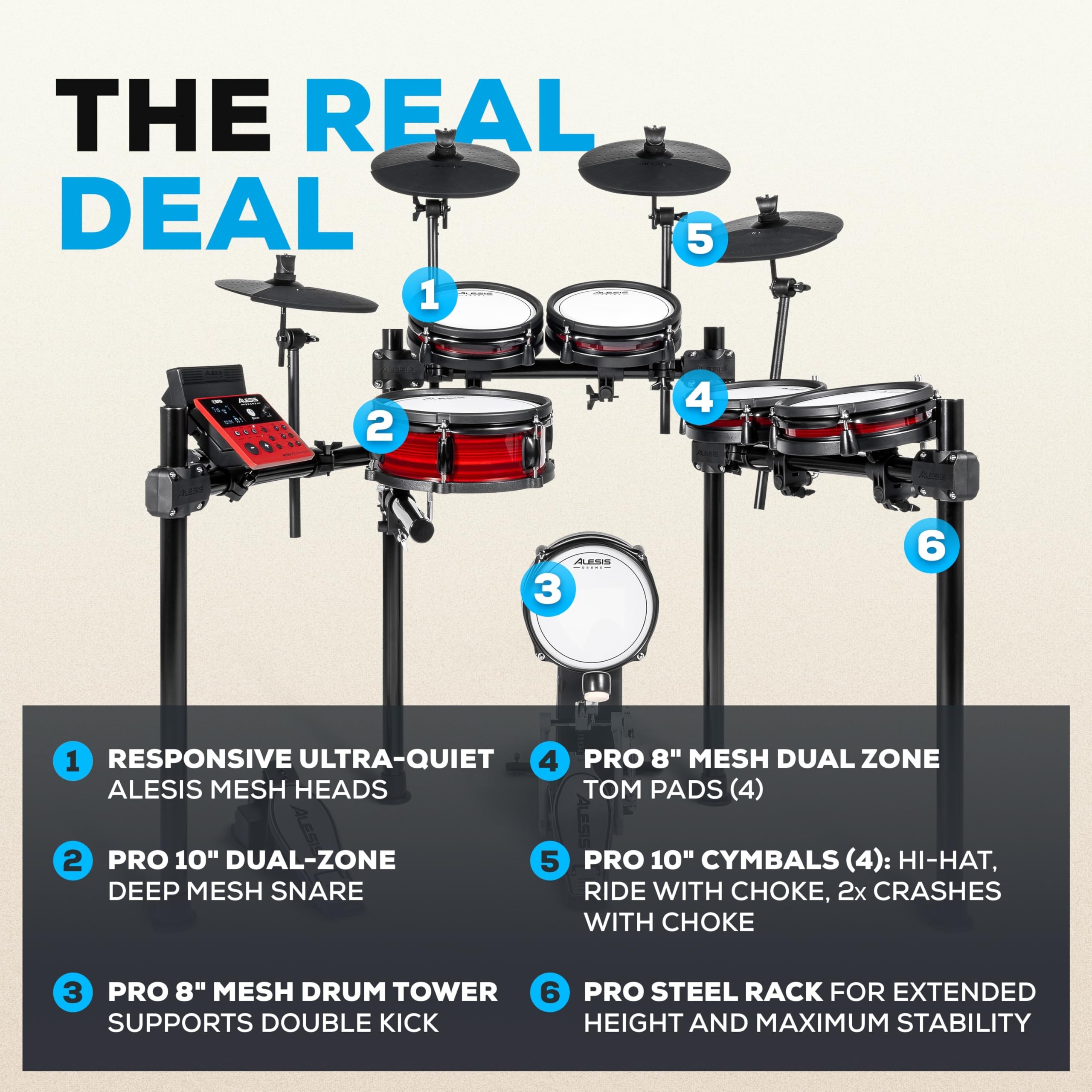 Alesis Nitro Pro XL 10-częściowa Elektryczna perkusja z 2-strefowymi padami siatkowymi, 500+ brzmień BFD, Bluetooth, Drumeo, USB MIDI