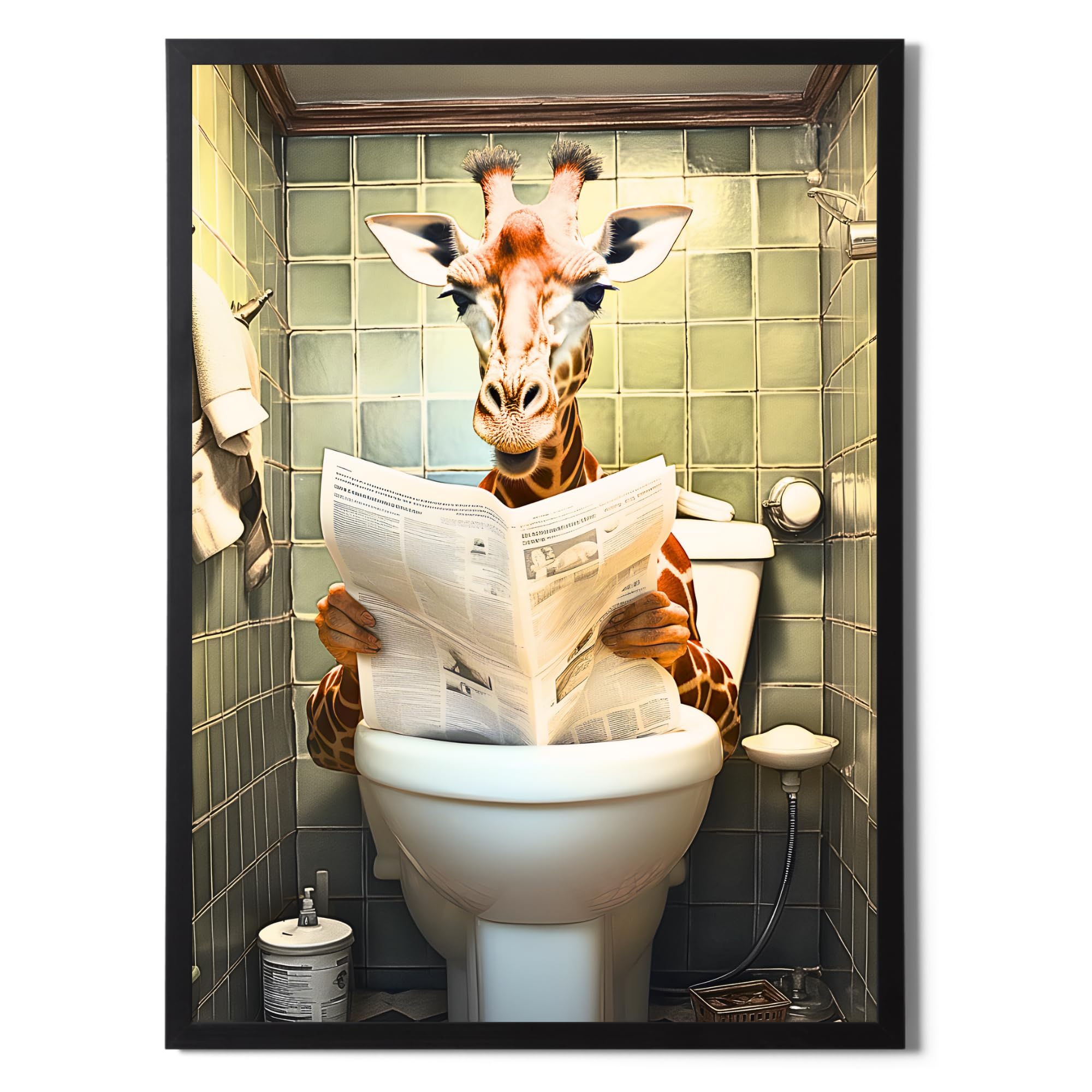 State Media Vision Giraffe in a Toilet Poster - Funny Bathroom Wall Art - Animal Home Decor - Variety of Sizes (Giraffe in Toilet, A4 Black Framed)