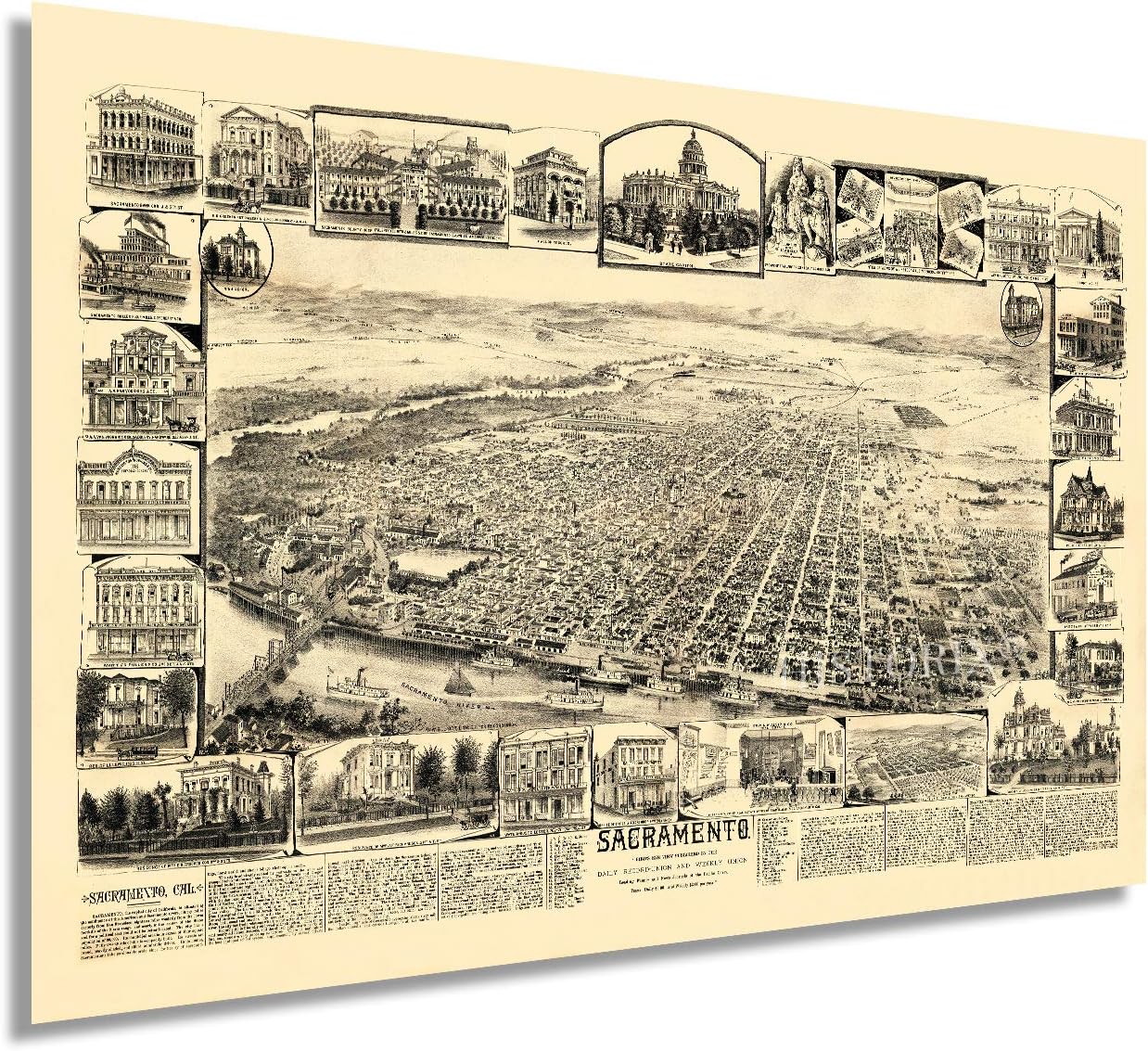 HISTORIX Vintage 1890 Sacramento California Map Poster - 24x36 Inch Vintage Sacramento CA Map - Old Sacramento Wall Art - Historic Sacramento Poster - Bird's Eye View Map of Sacramento CA