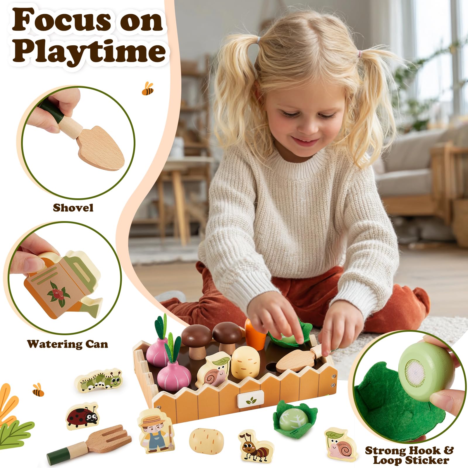 HERSITY Jouet en Bois Montessori Carotte Motricité Fine pour Enfant 2 Ans+ | Légumes en Bois avec 20 Accessoires, Jouets à Planter, Jouets D'activité et de Développement Cadeau pour Bebe Garçon Fille