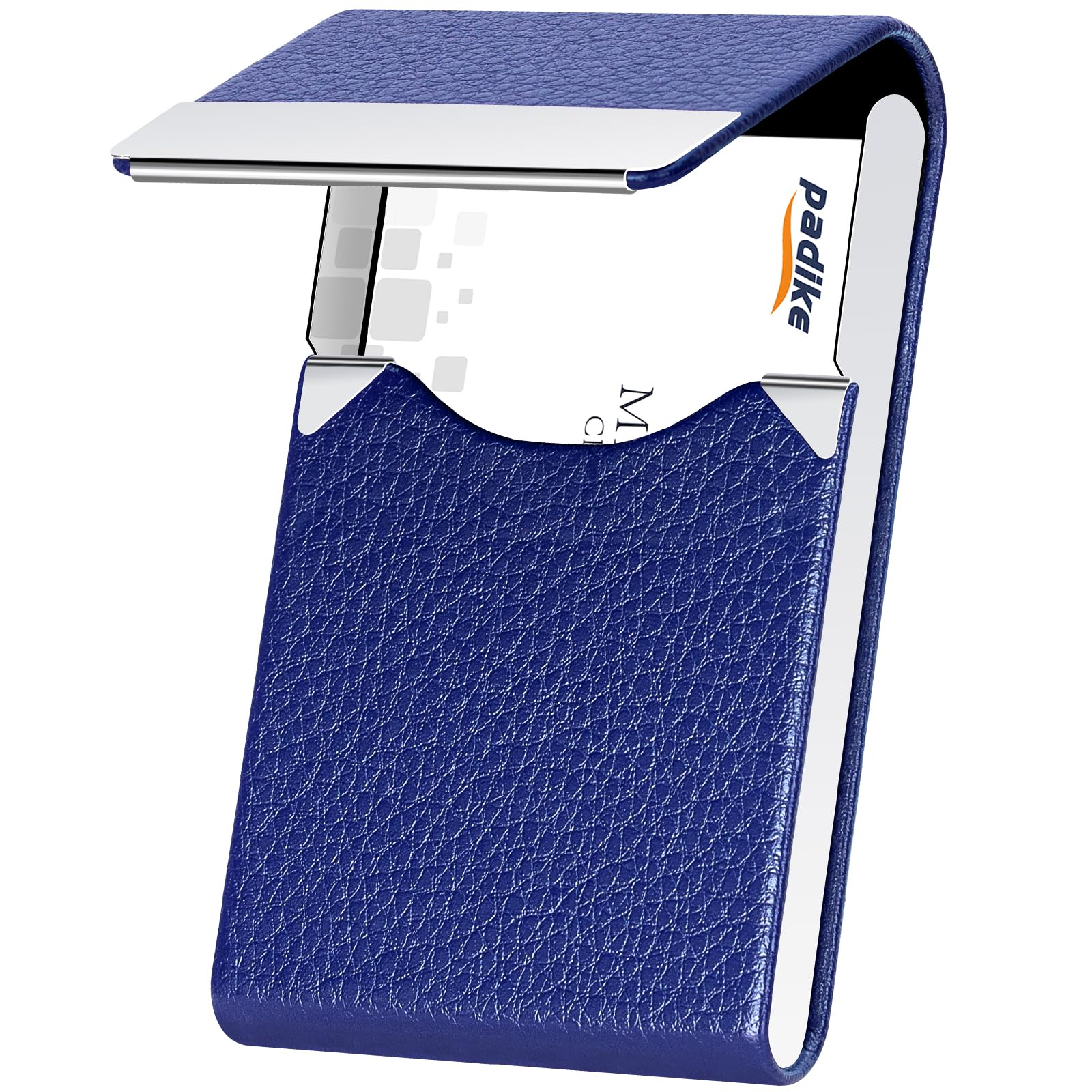 Padike Professional Business Card Holder PU Leather Business Card Case Name Card Holder Slim Metal Pocket Card Holder with Magnetic Shut (Blue)