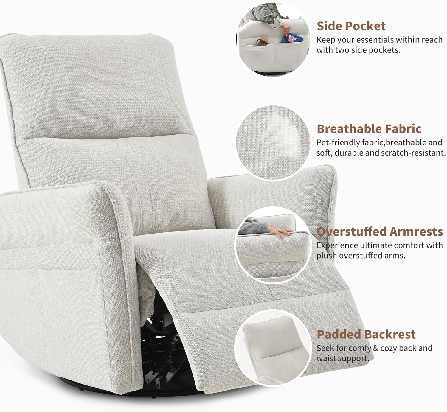 Ergonomic Swivel Glider Recliner Chair, White Fabric, 360° Rotation with 95-150° Recline, Nursery Rocking Chair for Living Room, Bedroom, 29.92x27.56x41.73 Inch