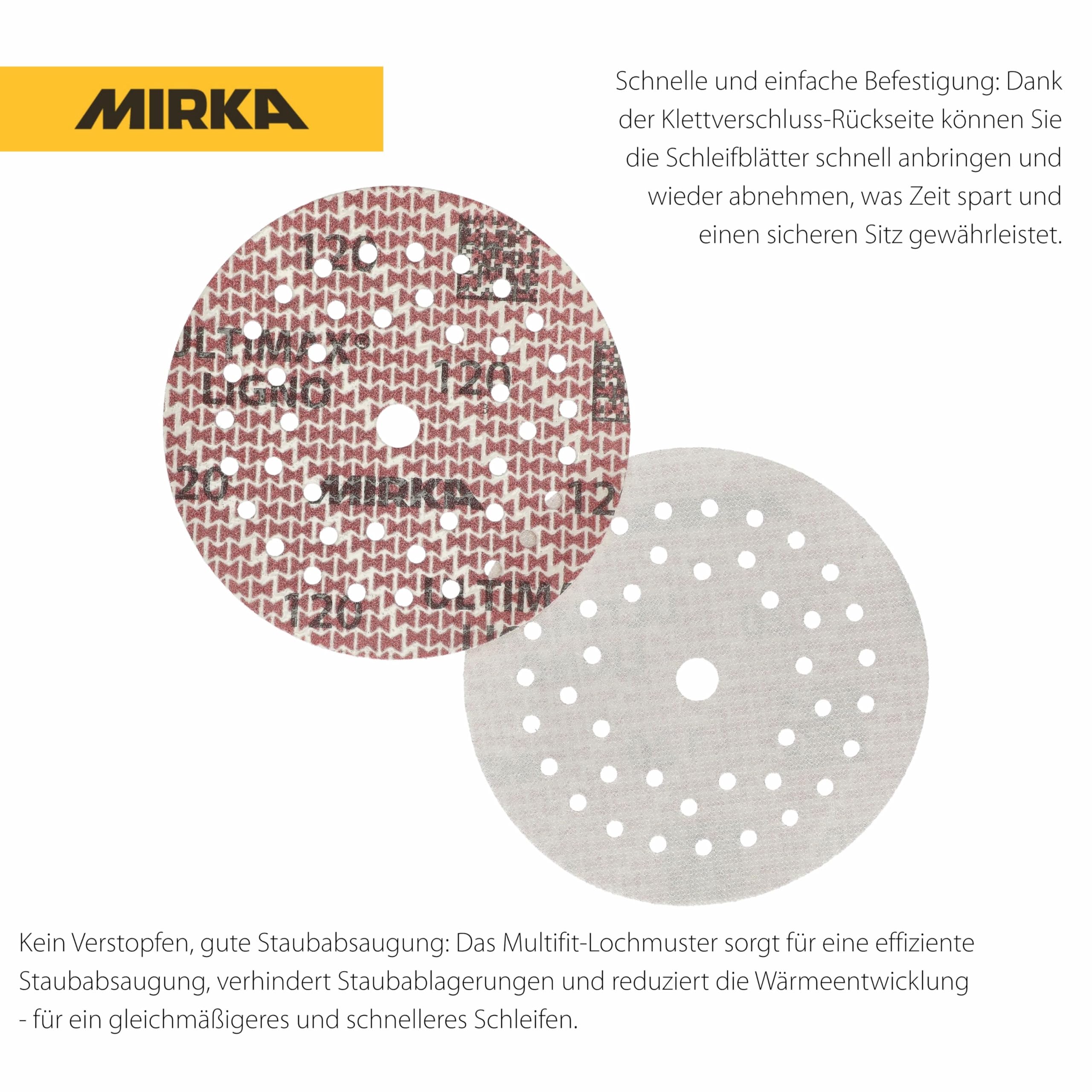 Mirka abrasive sheets Ultimax Ligno 125 mm rzep Multifit | Tarcze szlifierskie Mirka Ultimax Ligno 125 mm z ziarnem 150 do drewna wielootworowe rzep Multifit 100 sztuk