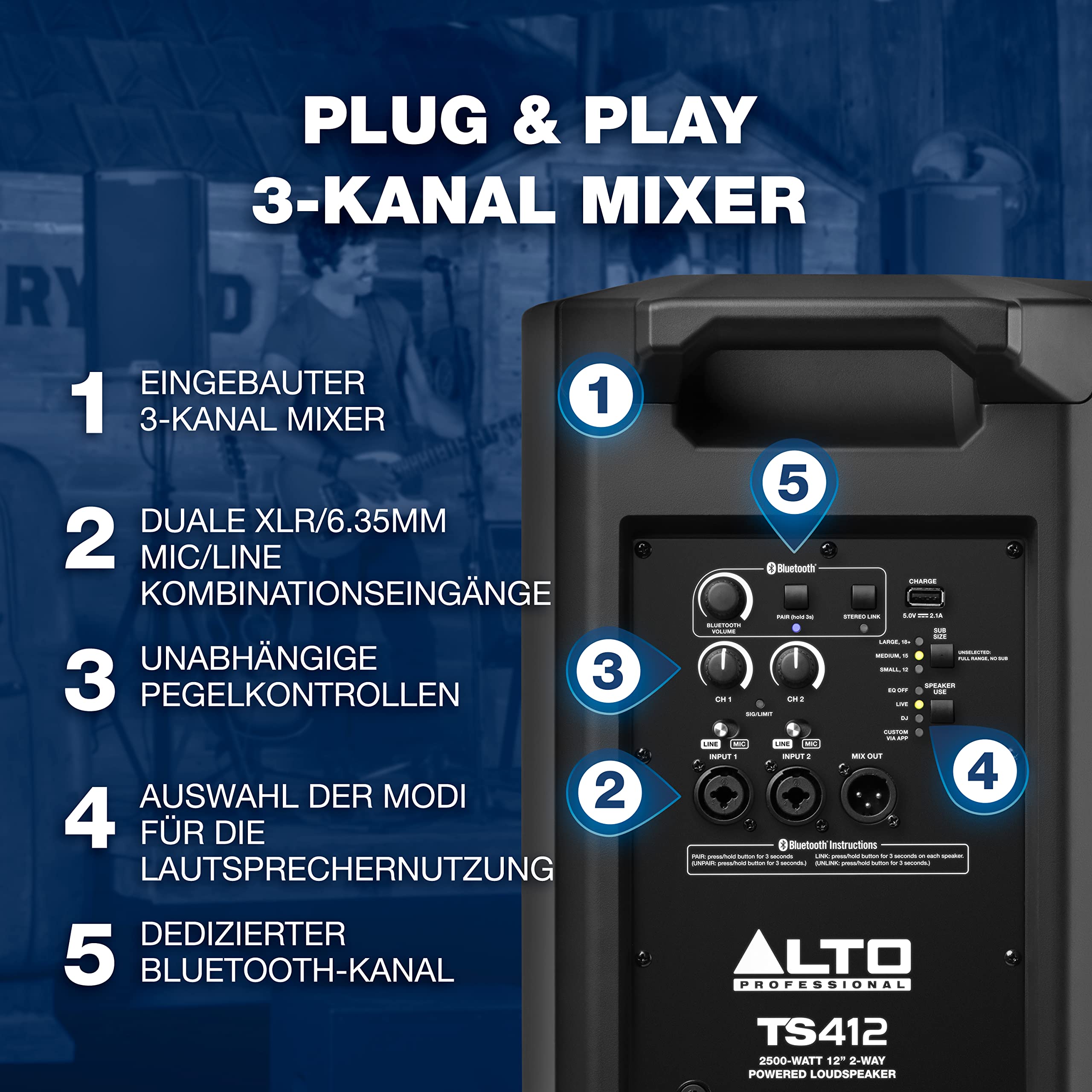 Alto Professional TS412 - 2500W 12" Aktiver PA-Lautsprecher mit 3-Kanal Mixer, Bluetooth-Streaming, Drahtloser Lautsprecherkopplung, DSP und Schutzhülle