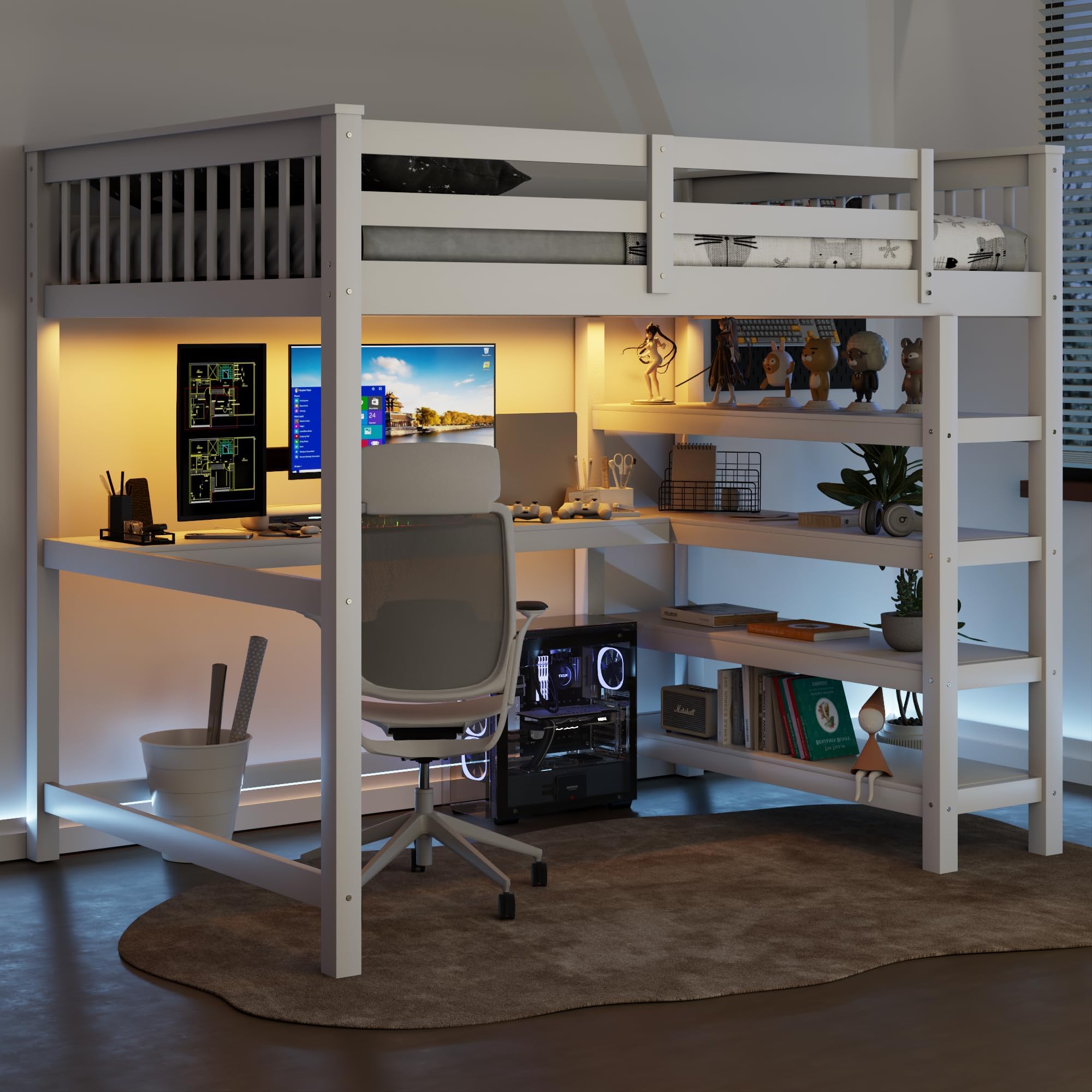 Merax Wood Loft Bed with Desk : Twin Size Loft Bed with 4-Storage Shelves and Under-Bed Desk Solid Wood Bed, White