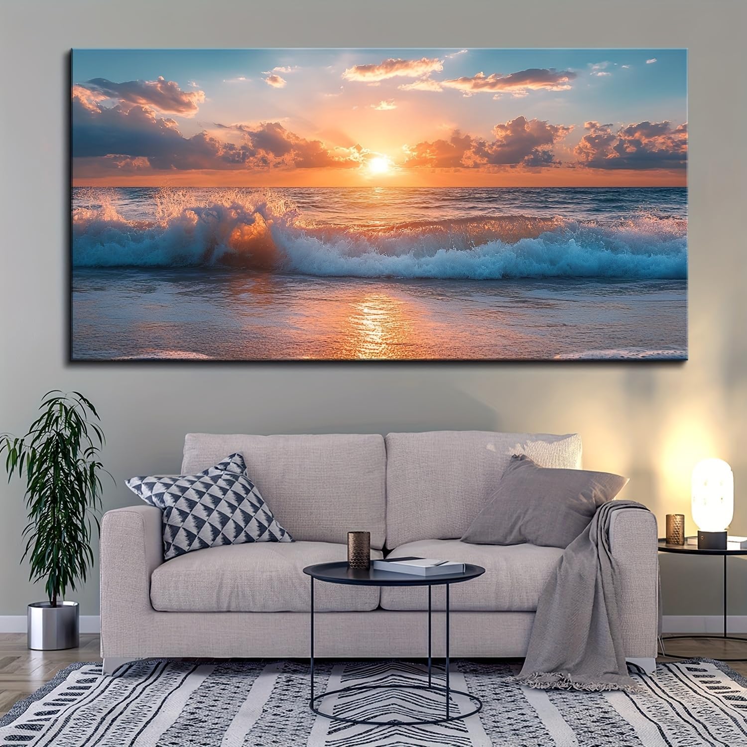 AEFOUU Canvas Wall Art Print Beach Murals Dawn Sky Ocean Beach Wave Scenery Modern Painting Office Wall Decoration Pictures(80x160cm/32x63in/Frameless)