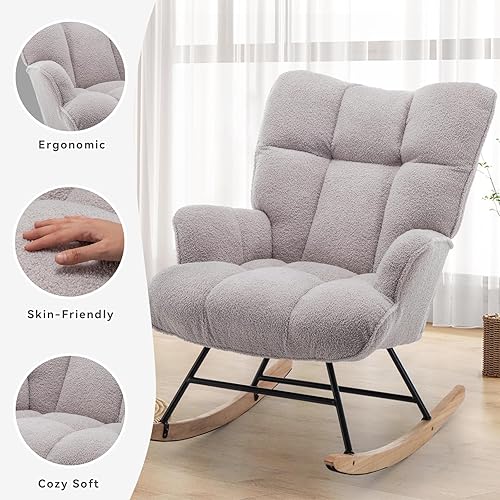 Miniatura 6 de Mecedora tapizada para guardería, silla mecedora tapizada de peluche, asiento acolchado con respaldo alto, cómoda silla auxiliar para sala de estar,