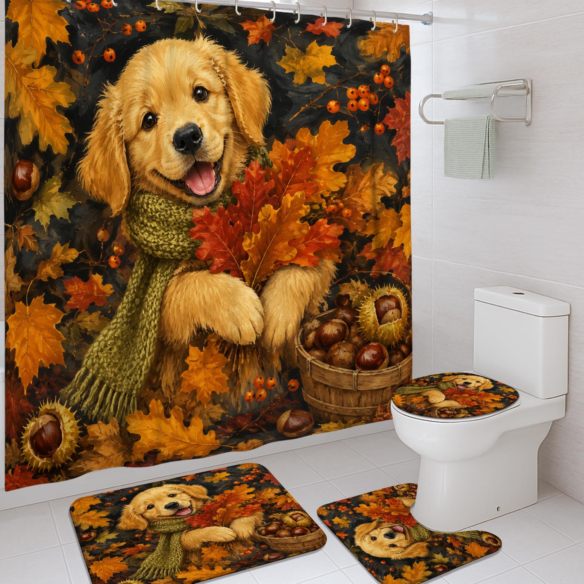 Rideau de douche automne à motif feuilles et châtaignes pour décoration de bain cosy