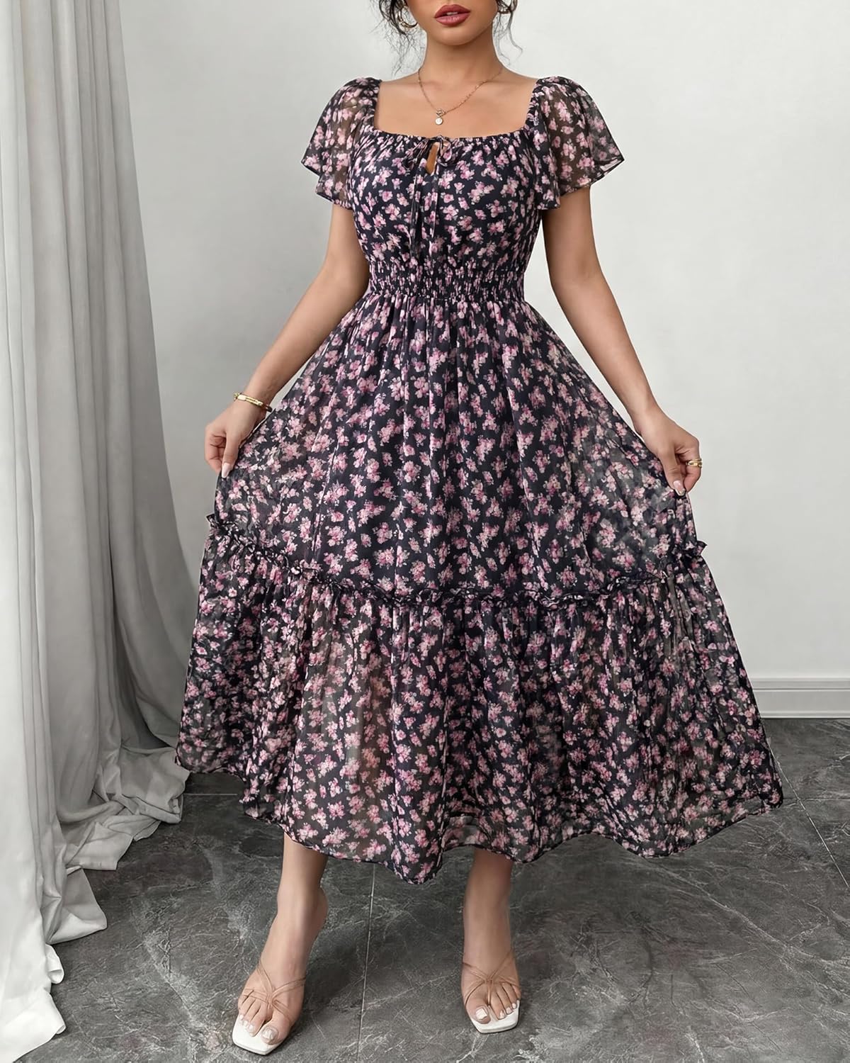 Gaharu Womens Summer Floral Midi Dress 2026 Casual Ruffle Sleeve Smocked Waist Party Wedding Guest Dresses