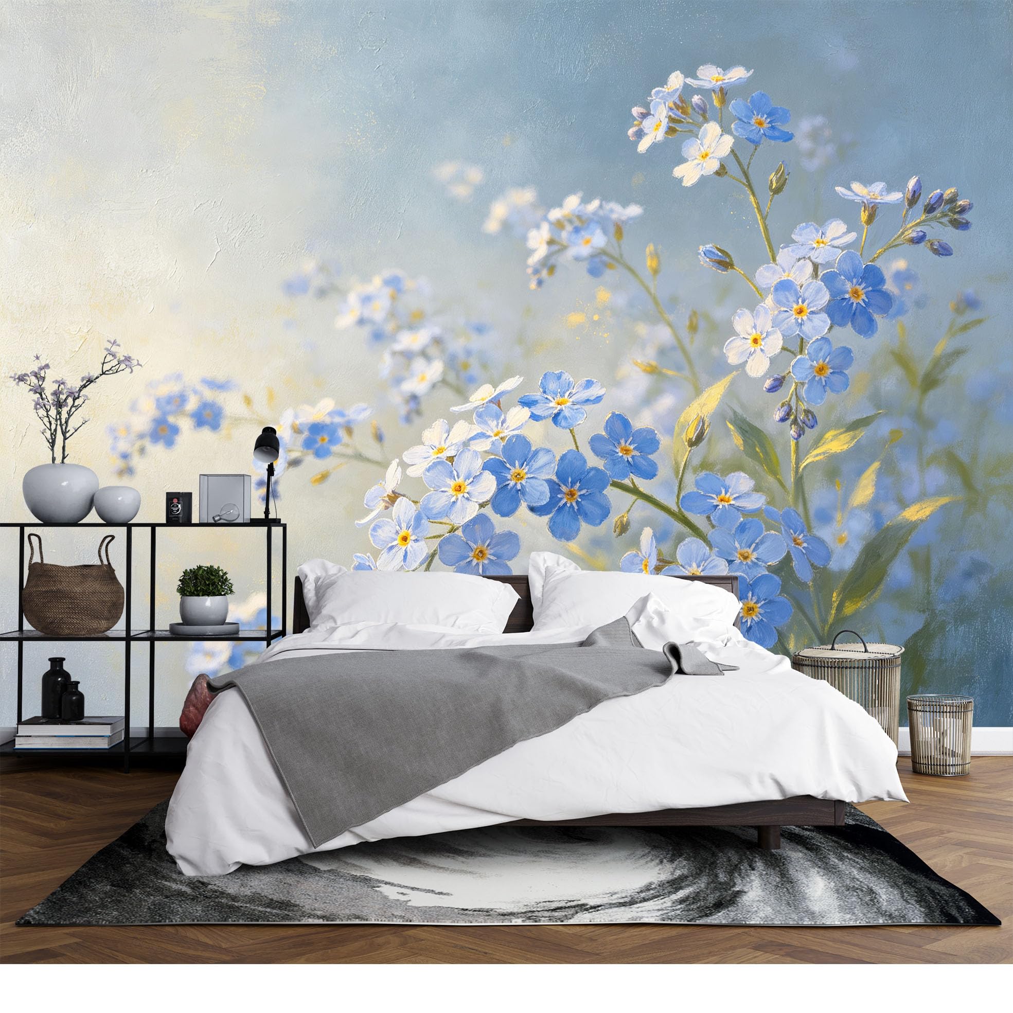 Carta Parati Murale In Seta con Motivo Non Ti Scordar Di Me Ad Acquerello, Grande Stampa Artistica Floreale Blu E Bianca, Sfondo Decorativo per Camera da Letto E Soggiorno, Rivestimento