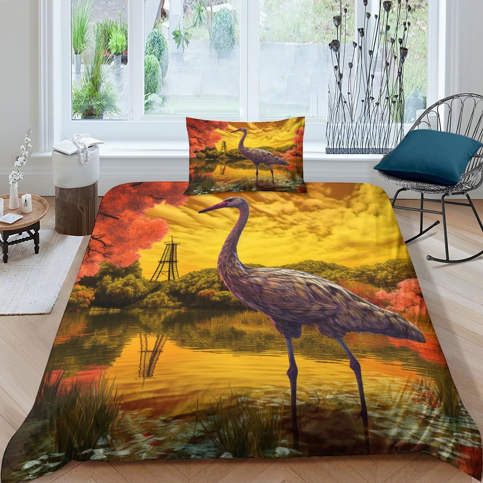 Housse de couette grue 3D en microfibre 135x200cm avec taies d'oreiller