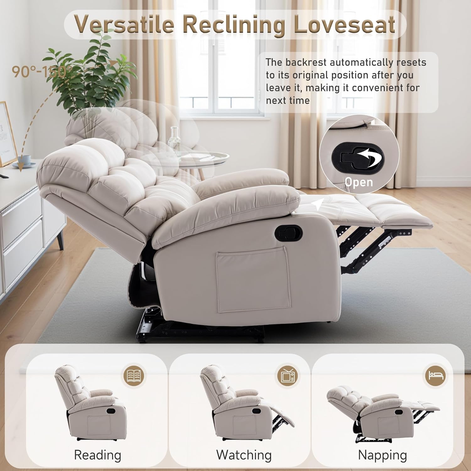 Faux Leather Reclining Loveseat, Manual Double Love Seat Recliner, RV Loveseat Recliner with Side Pockets for Living Room, Home Theater, Cream