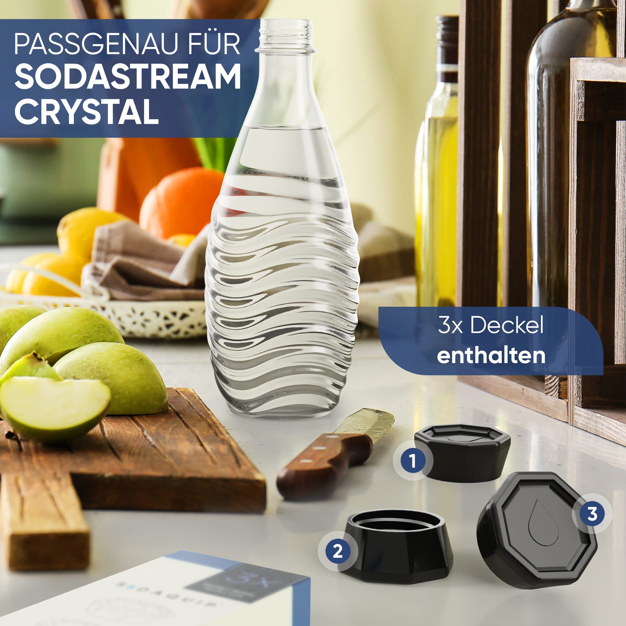 Sodaquip® Deckel für Sodastream Glasflaschen Crystal & Penguin aus Premium Kunststoff - 3x moderne Deckel für Sodastream Glasflasche
