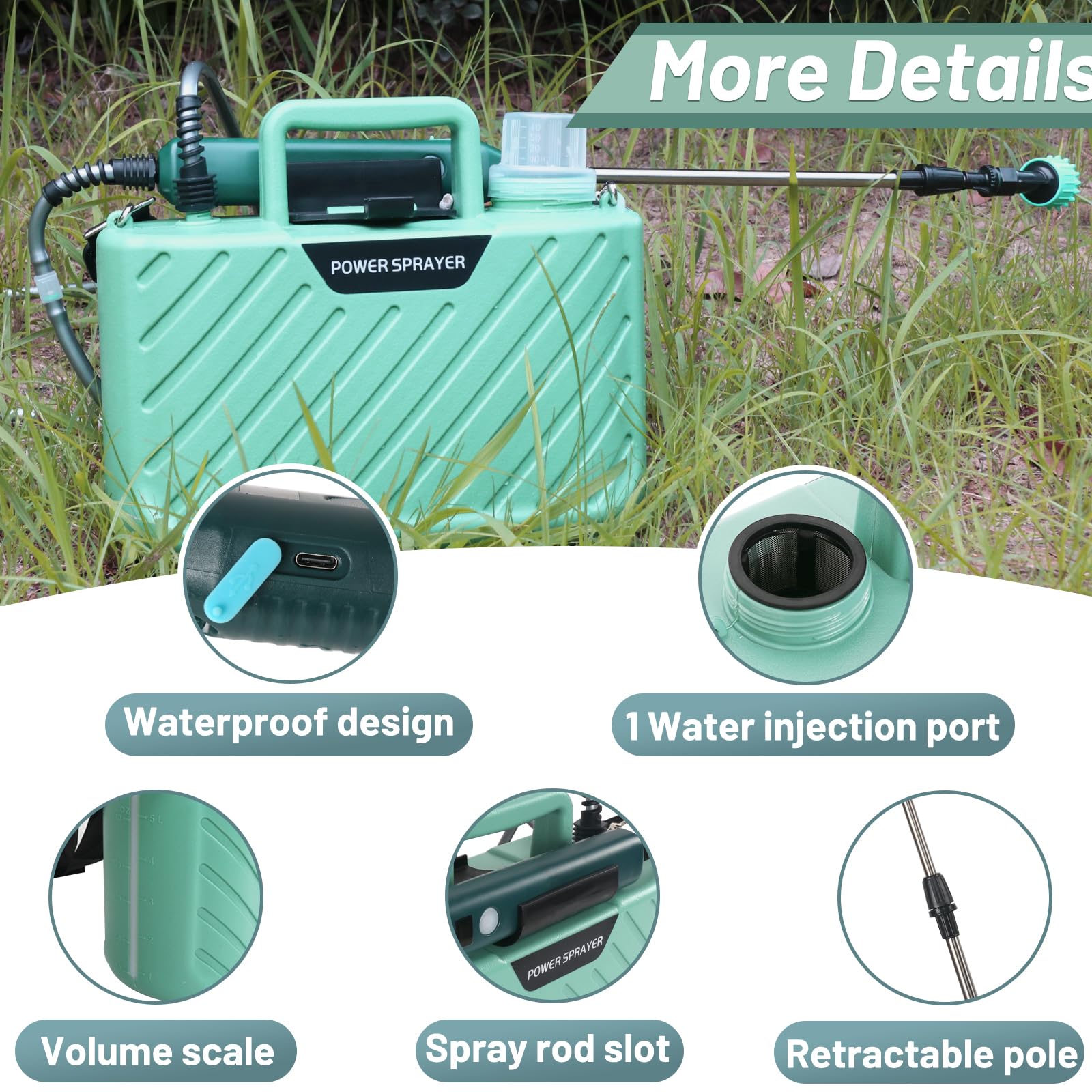 Pulverizador Eléctrico 5L a Batería USB Recargable Portatil para Jardin | Sulfatadora de ABS+HDPE con lanza 60cm y 3 boquillas. Ideal para fumigación y riego en huerto, jardín y viñedos
