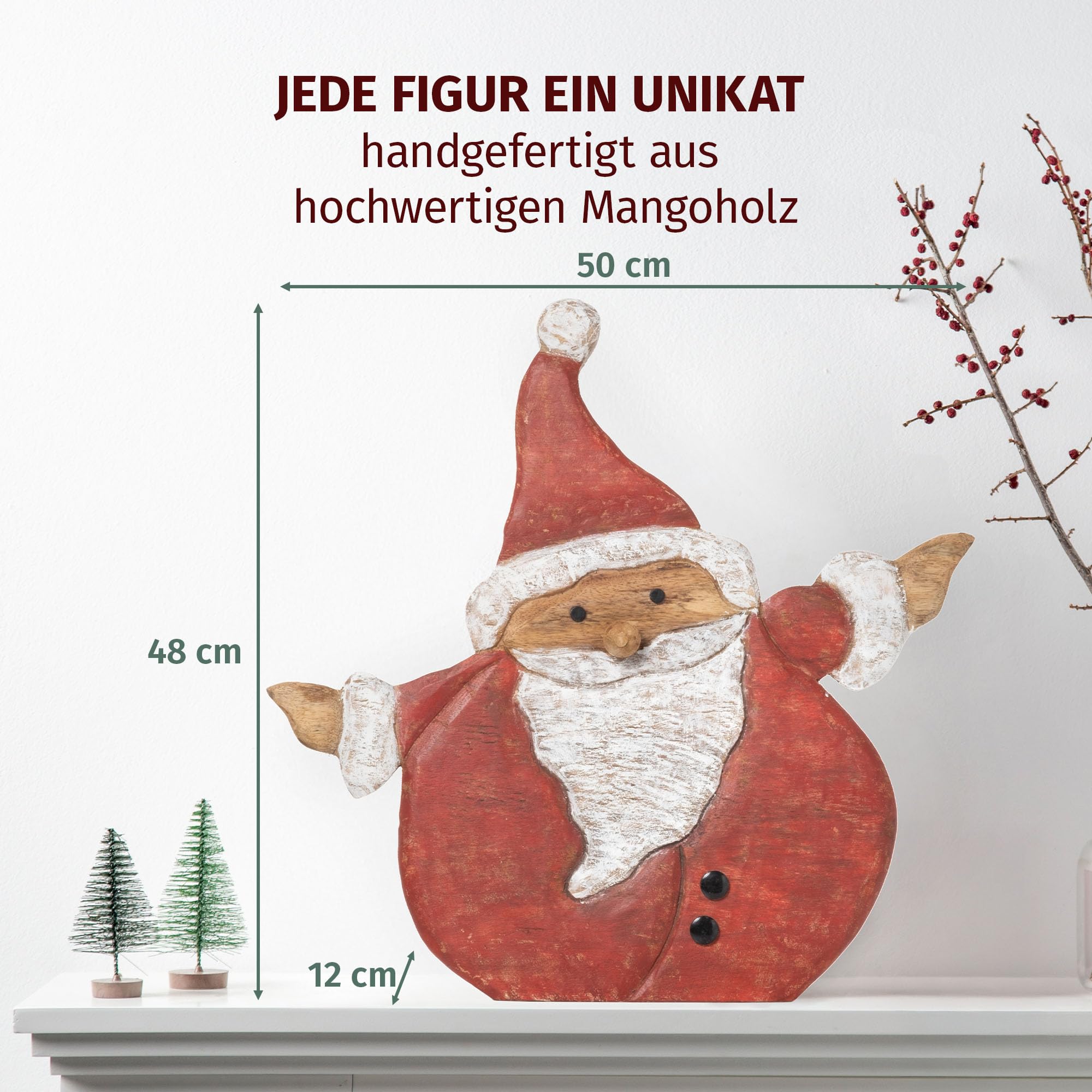 Moritz Dekoracja bożonarodzeniowa Święty Mikołaj 50 cm z drewna mango, ręcznie wykonana figurka dekoracyjna z podstawką na czerwono i biało malowana zimowa dekoracja stołu do salonu, świąteczna