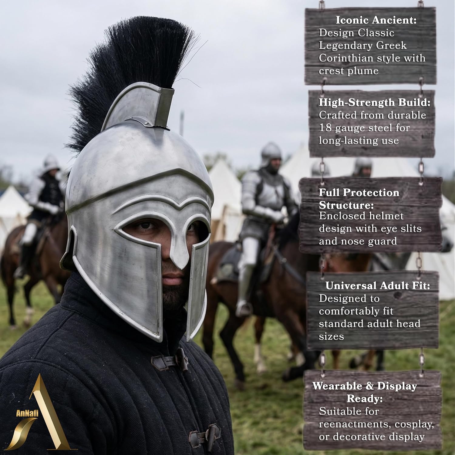 AnNafi® Medieval Greek Corinthian Helmet Armour | Black Plume Steel Helmet Replica | Roleplay Costumes| Roman Knight Spartan LARP Costume