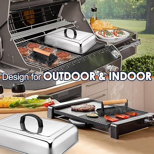 Miniatura 7 de Joyfair Cubierta de hilvanado con prensa de parrilla, cúpula rectangular de fusión de queso de 13 pulgadas y prensa de hamburguesa de hierro fundido