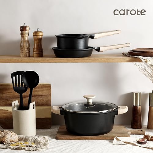 Miniatura 8 de CAROTE Juego de 8 ollas y sartenes, juego de utensilios de cocina antiadherentes negros, juego de ollas y sartenes con tapas, sartén, utensilios de