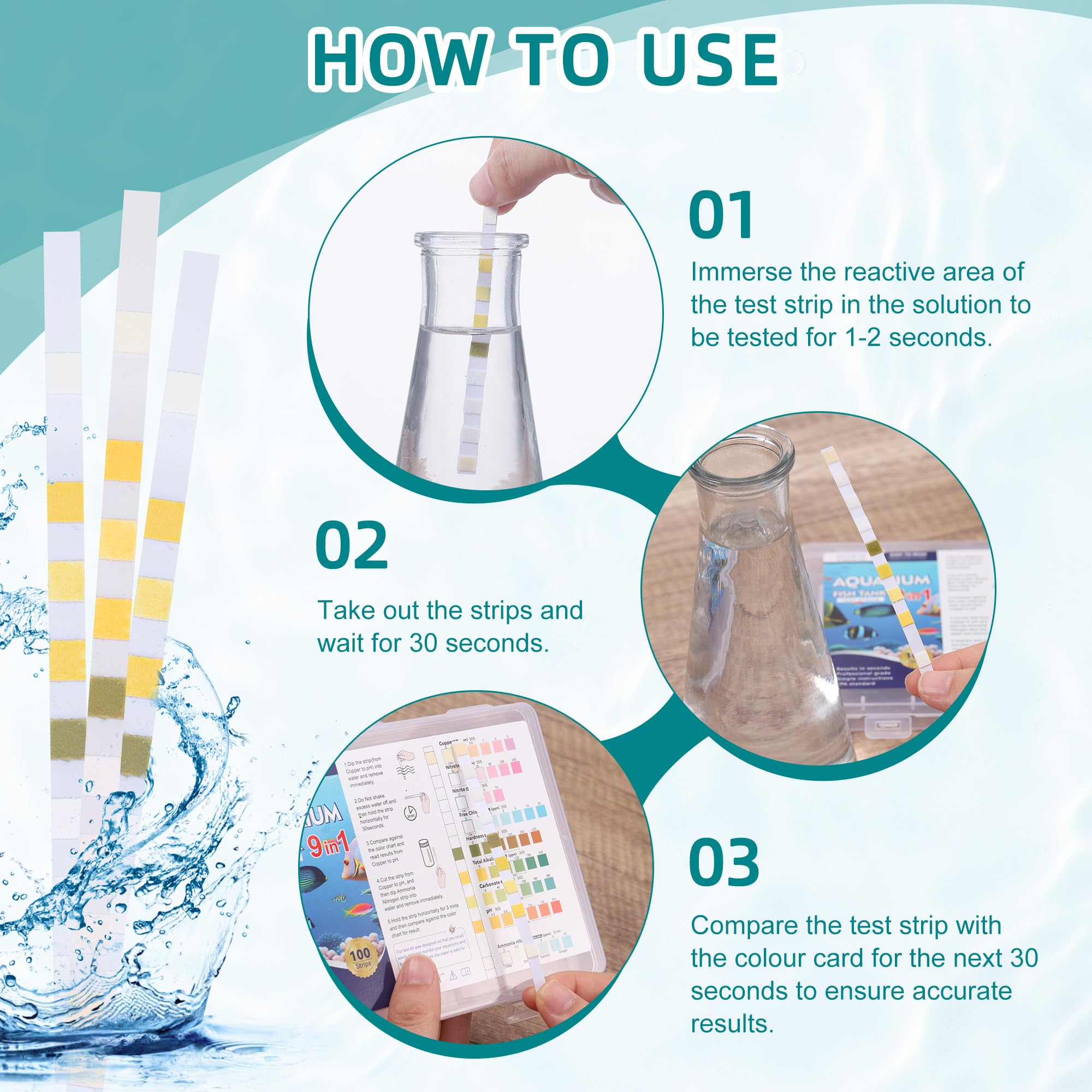 100 Pièces 9 en 1 Bandelettes de Test pour Aquarium, Test d'eau pour Aquariophilie, Bandelettes Test pour Ammoniac Azote Nitrate Chlore Libre Ph Nitrite Dureté Carbonatée Alcalinité Totale Cu
