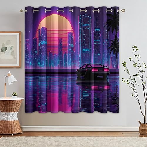 Miniatura 5 de Retro Synthwave Curtains Blackout, 80s Neon Cityscape Cyberpunk Curtains, 96 Inch Drapes, Eyelet Thermal Window Treatments for Bedroom, Living Room,