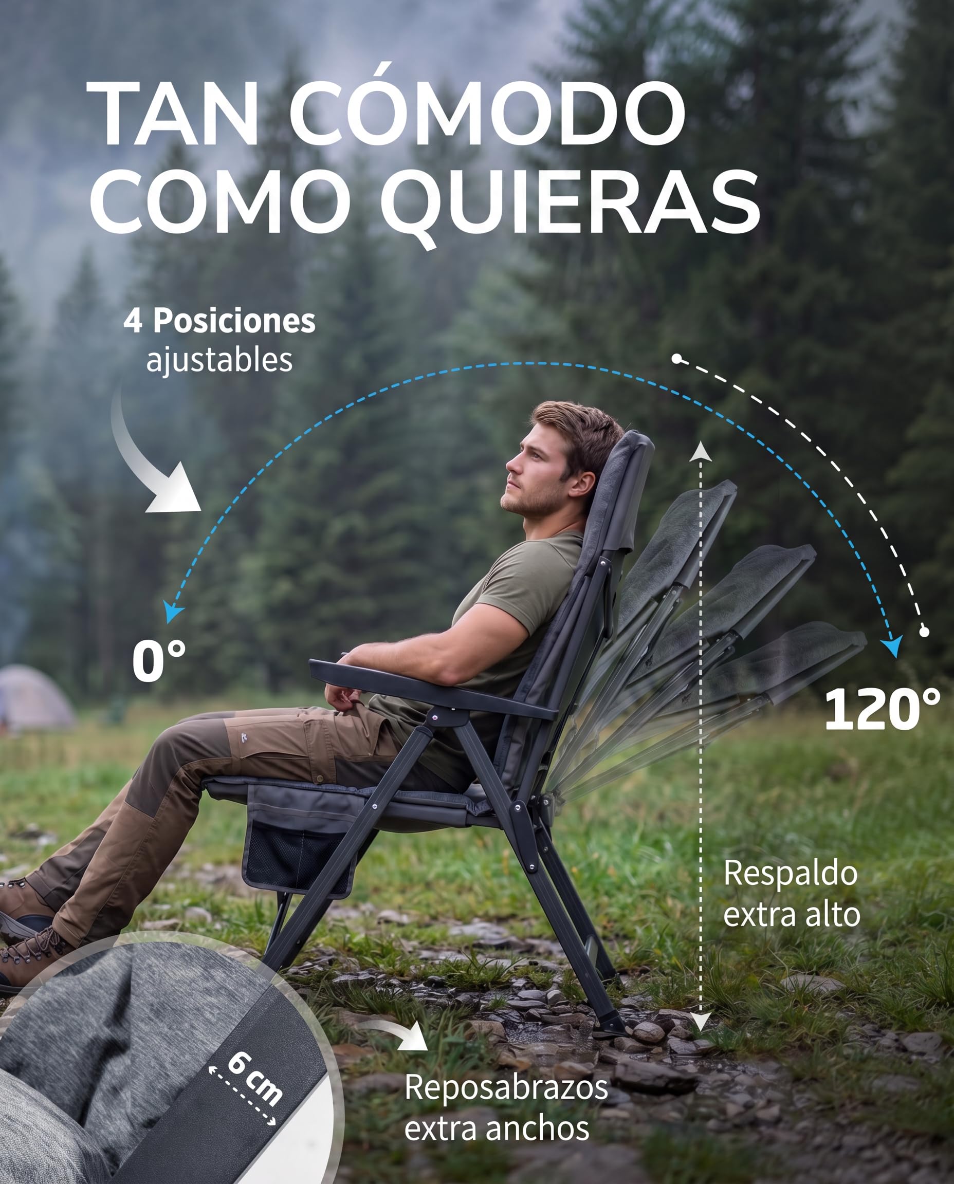 NORDMUT® Silla de Camping Premium Plegable con Respaldo Alto – Ajustable en 4 Posiciones – Cómoda Silla de jardín con Capacidad de 140 kg para Camping y Outdoor (Gris Ceniza 1x)