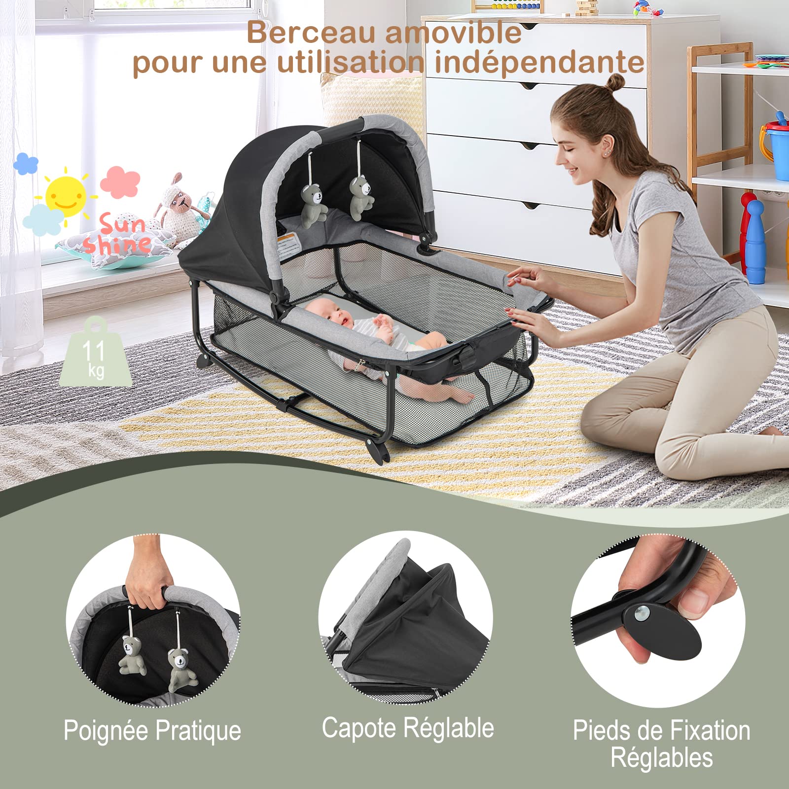 DREAMADE 5 en 1 Lit Parapluie Bébé 110x78x78CM avec Matelas&Berceau Amovible Lit de Voyage Bébé 0-3 Ans avec Porte-Couche,Table à Langer,roulettes avec Freins (Nior1)
